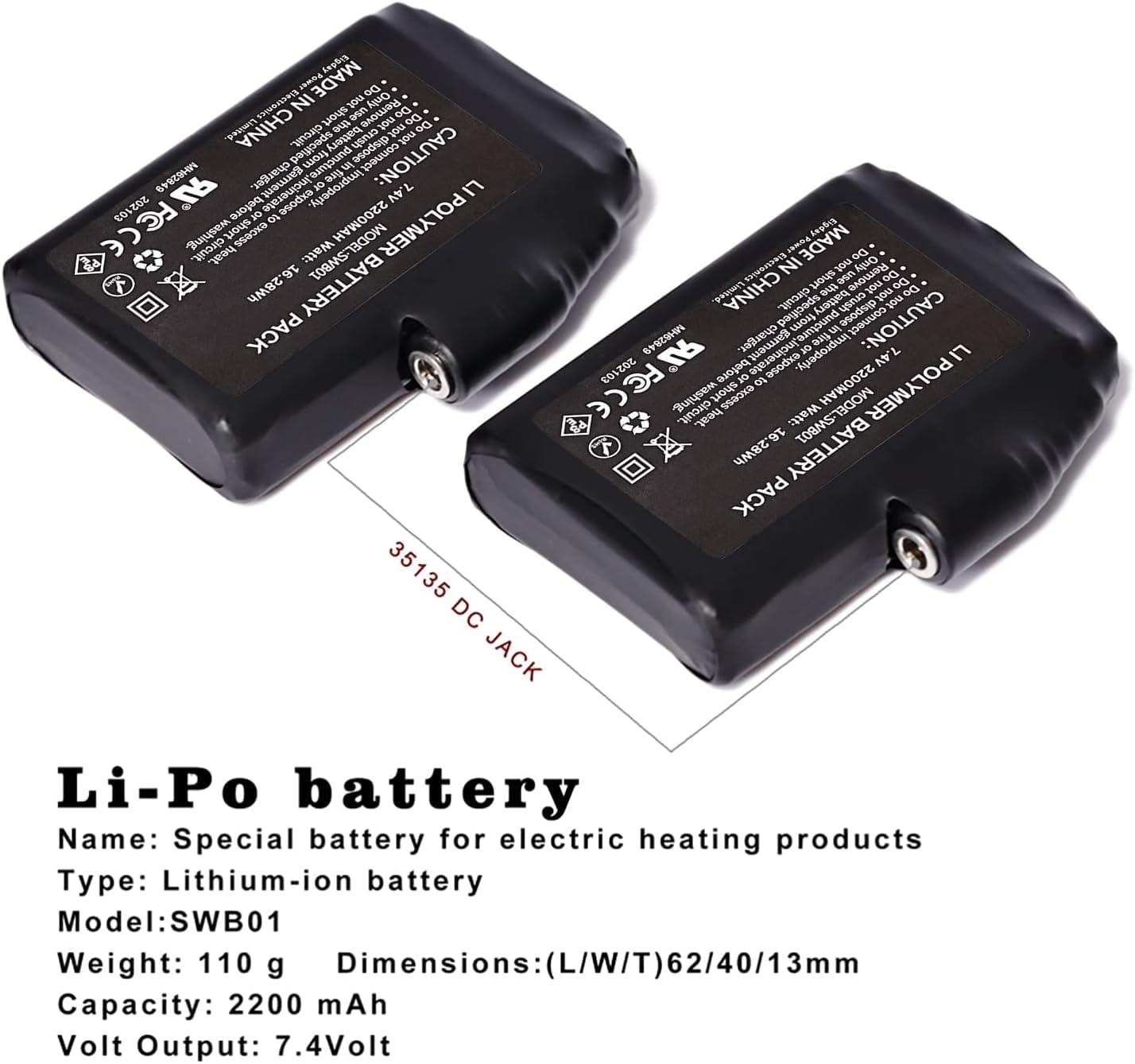 7.4V 2200mAh/3500mAh/5000mAh Li-Polymer Rechargeable Batteries,Rechargeable Battery for Heated Apparel 2200mAh Li-ion, for Glove Battery Replacement, Compatible with Heated Socks