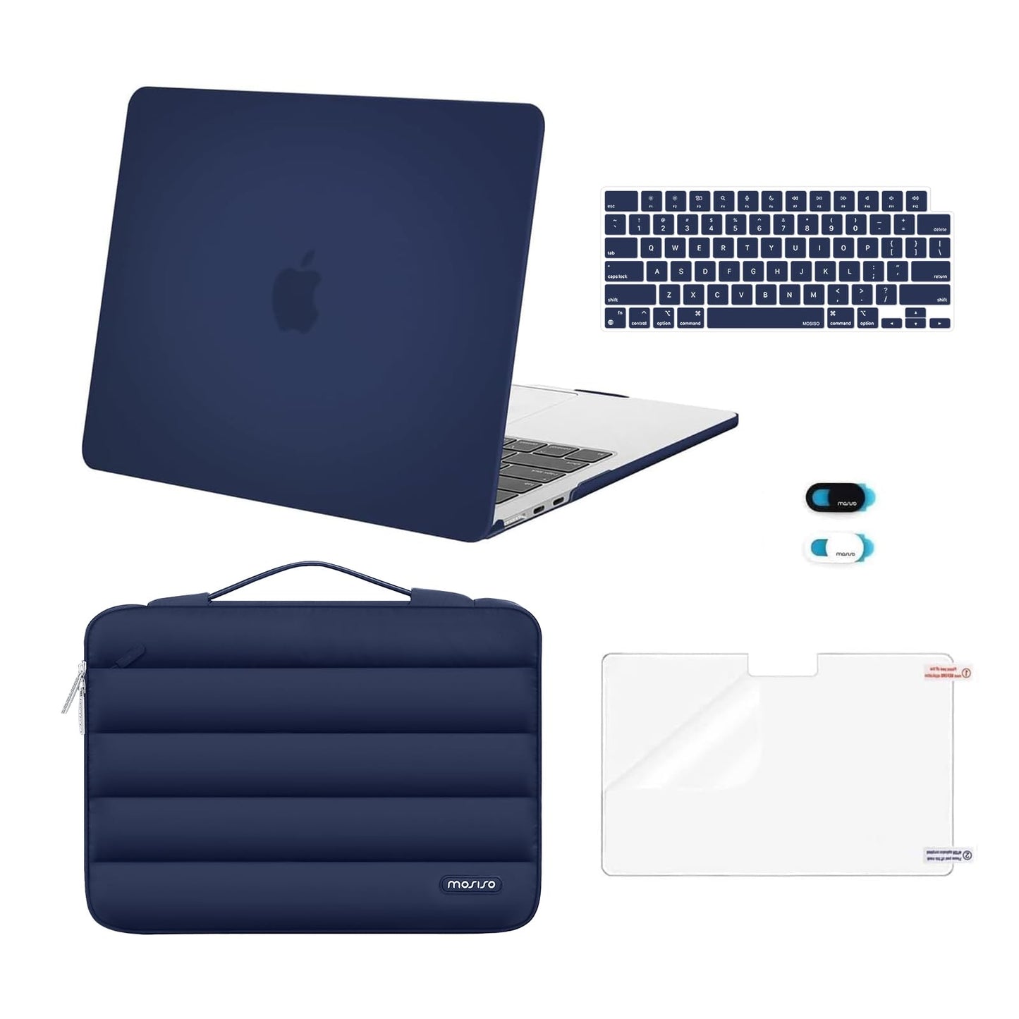 MOSISO Compatible with MacBook Air 13 inch Case 2026 2025 2024 2023 2022 M4 A3240 M3 A3113 M2 A2681, Hard Case&Puffy Bag&Keyboard Cover&Webcam Cover&ScreenFilm for MacBook Air 13.6 Case, Navy Blue