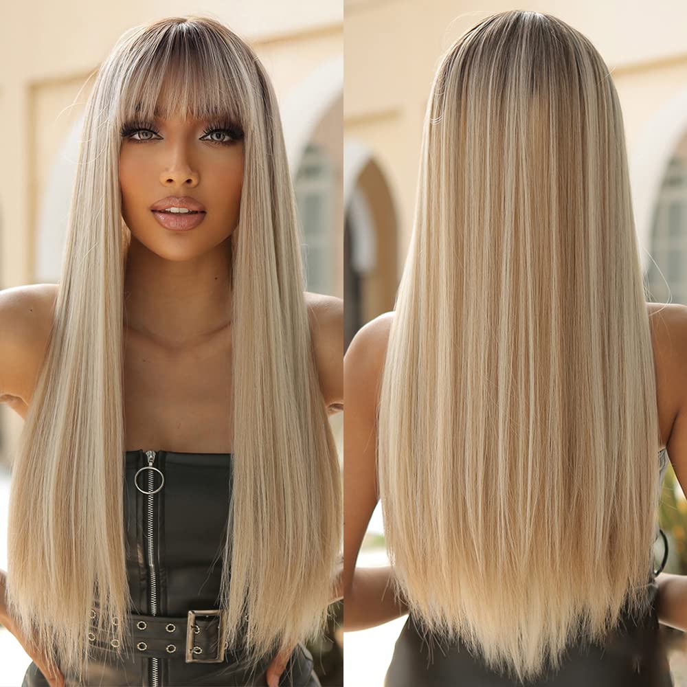 Allbell Long Straight Blonde Wigs with Bangs Ombre Hair Syntehtic Wigs for Women Heat Resistant Fiber