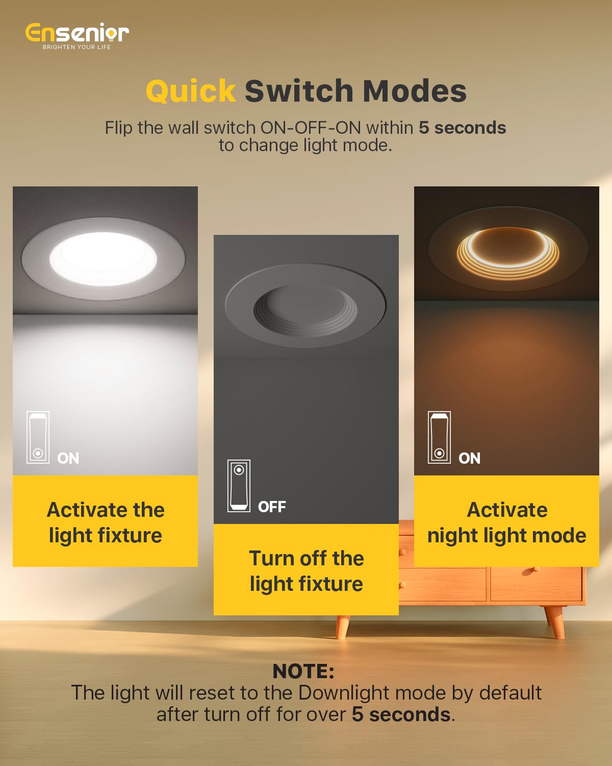 Ensenior 5/6 Inch 5CCT LED Pot Lights with Night Light 6 Pack, Retrofit Recessed Led Ceiling Lighting, Baffle Trim, Dimmable, 9W=110W, 1000LM, 2700K/3000K/3500K/4000K/5000K Selectable, IC Rated - FCC
