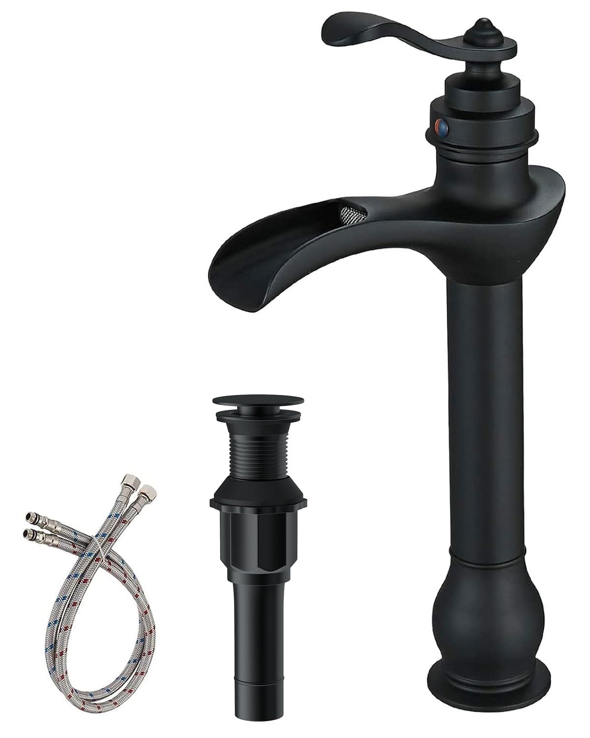 BWE Black Bathroom Faucet with Drain Assembly and Supply Hose Lead-Free Single-Handle Vessel Sink Faucet Single Hole Waterfall Faucets Lavatory Mixer Tap Tall Body