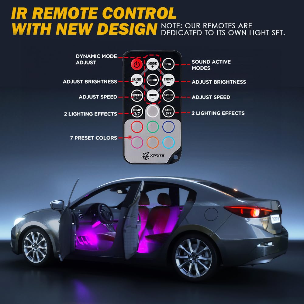 Xprite RGB LED Car Interior Bluetooth Light Strip with Wireless Remote Silicone Sealed Design, Under Dash Footwell Lights Kit w/USB Cable, Universal for Vehicle Internal, SUV, Truck -4 PCS