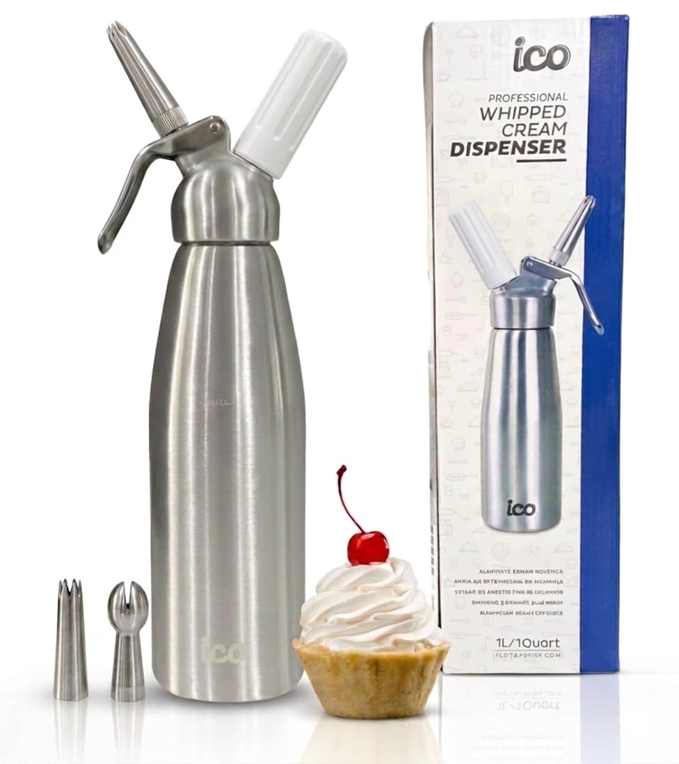 ICO Professional Aluminum Whipped Cream Dispenser with 3 Stainless Steel Nozzles & Cleaning Brush, for Homemade Whipping Cream, Dips, Sauces, and Infusions (1L or 1 quart) Gas chargers not included