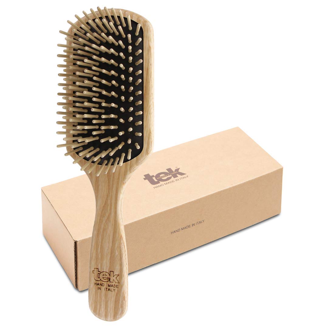 TEK - Large Rectangular Ash Wood Brush Handmade in Italy, with Short Tooth, for Medium, Short and Straight Hair - 22 x 6.5 cm