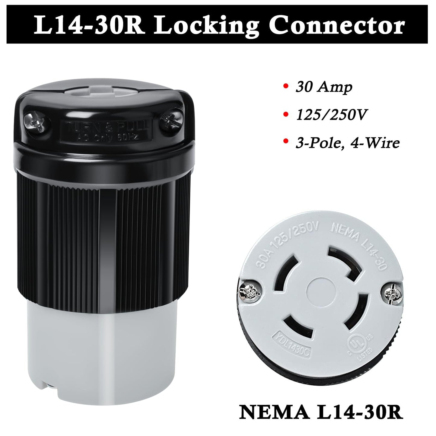 Wadoy L14-30 L14-30R Locking Connector and L14-30P Female Plug Set, 30 Amp, 125/250V, 3 Pole 4 Wire, 7500W Generator Twist Locking Plug Connector