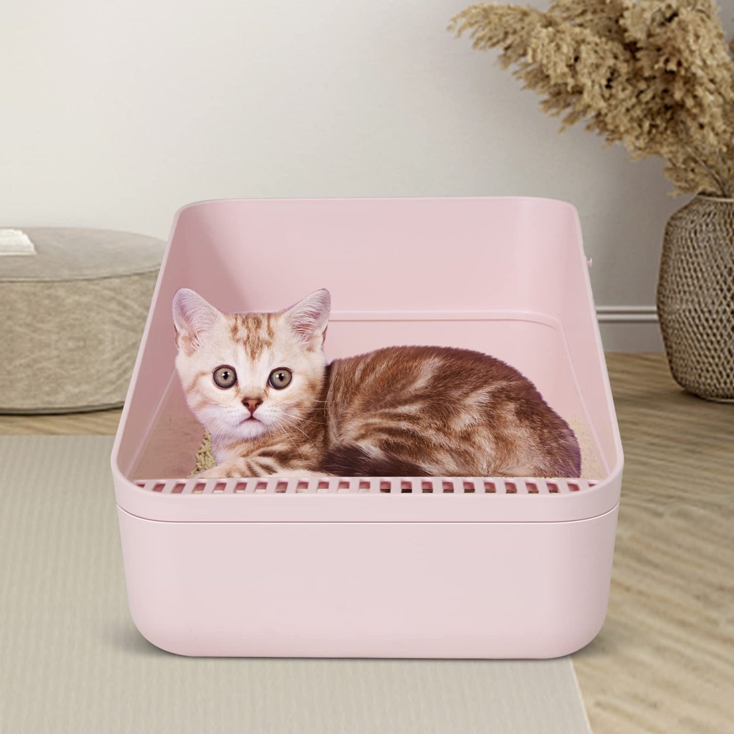 Sfozstra Open Litter Box - Prevent Sand Leakage, Durable High Side Sifting for Small Cats, Secure and Odor Control, Removable, Easy to Clean (Pink Small)