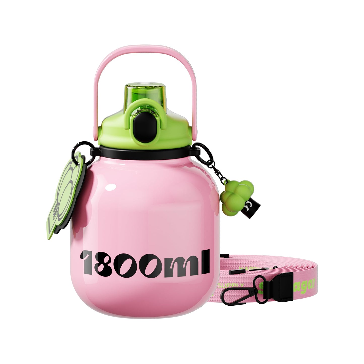 Sidagar 60 oz Half Gallon Insulated Water Bottle with Handle, 316 Stainless Steel Leakproof Large Travel Flask with Cute Doll Charm, Aesthetic Strawberry Pink Gift for Women Girl