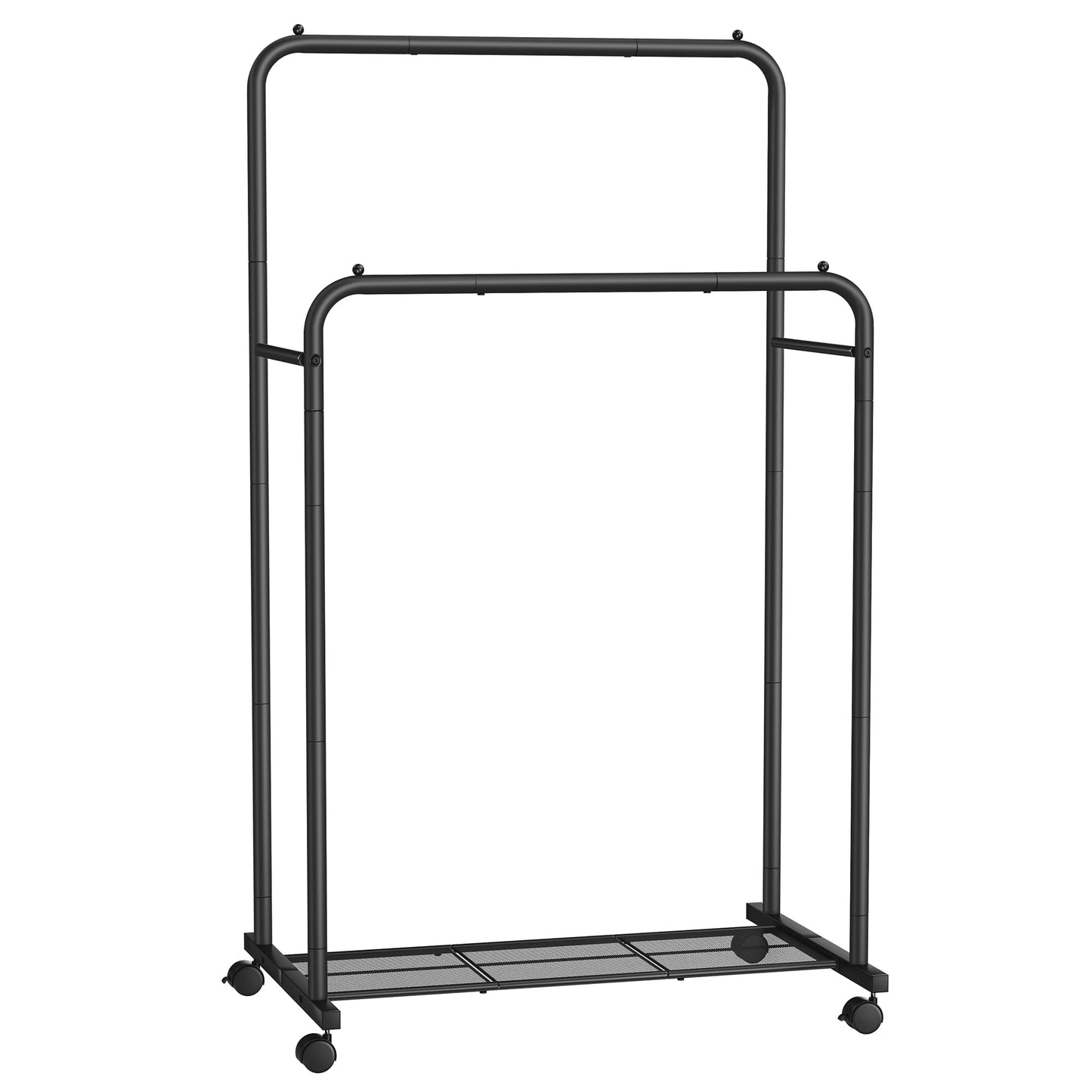 SONGMICS Double Rods Clothes Rack with Wheels, Clothing Rack for Hanging Clothes, Heavy Duty Garment Rack with Mesh Storage Shelf, 2 Brakes, Each Top Rail Holds up to 77 lb, Black UHSR26BKV1