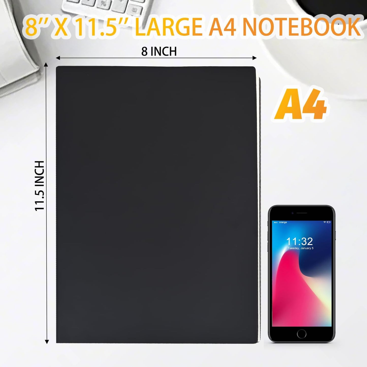 UIRIO 2-Pack Large A4 Wide Ruled Notebooks, 8" x 11.5", 400 Pages Each, Faux Leather Softcover Journals for Work, School & Journaling, Black