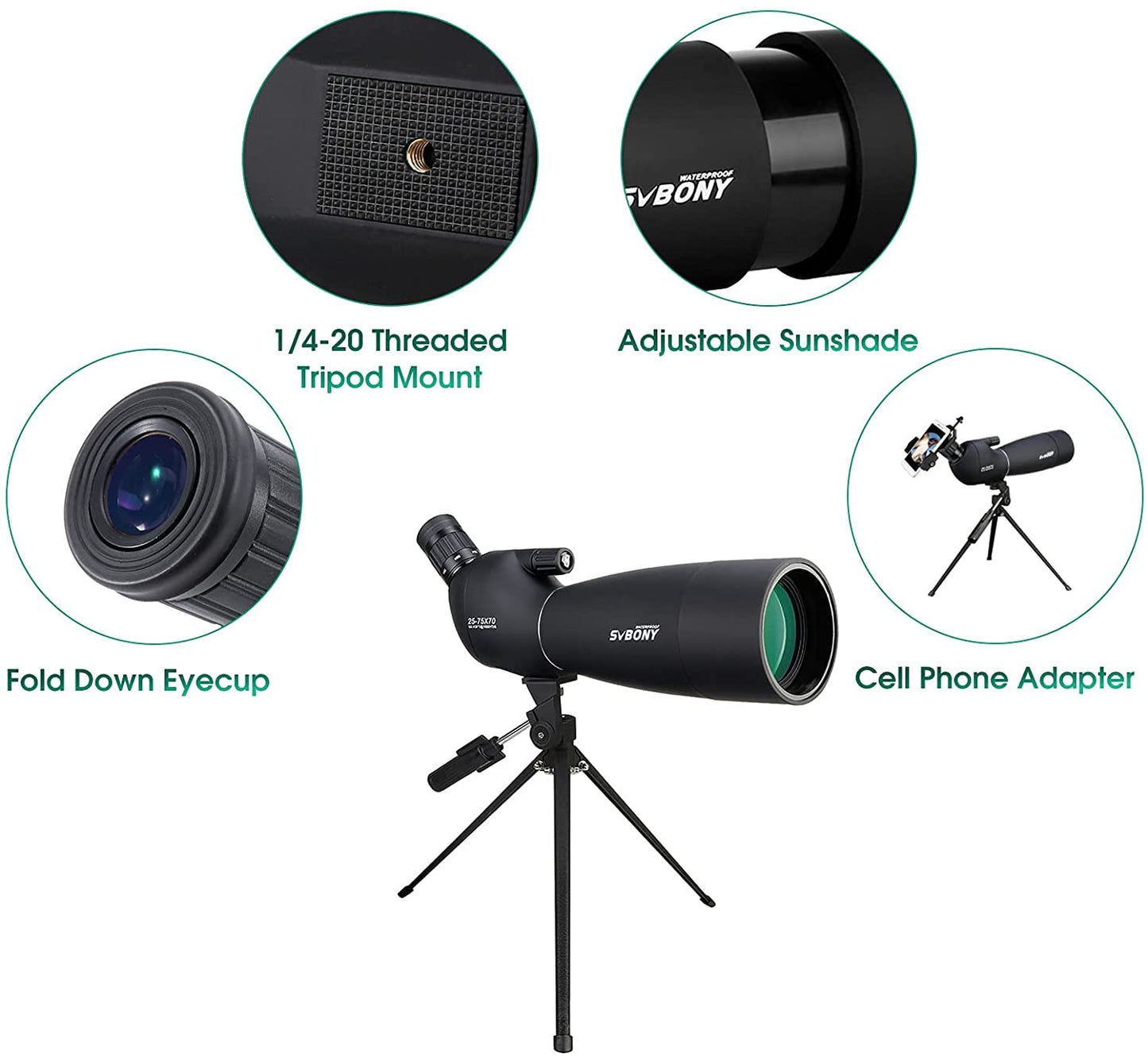 SVBONY SV28 Spotting Scopes with Tripod, Angled 25-75x70mm Spotter Scope with Phone Adapter, Waterproof Fogproof Spotting Scope for Bird Watching, Target Shooting, Wildlife Viewing, Black