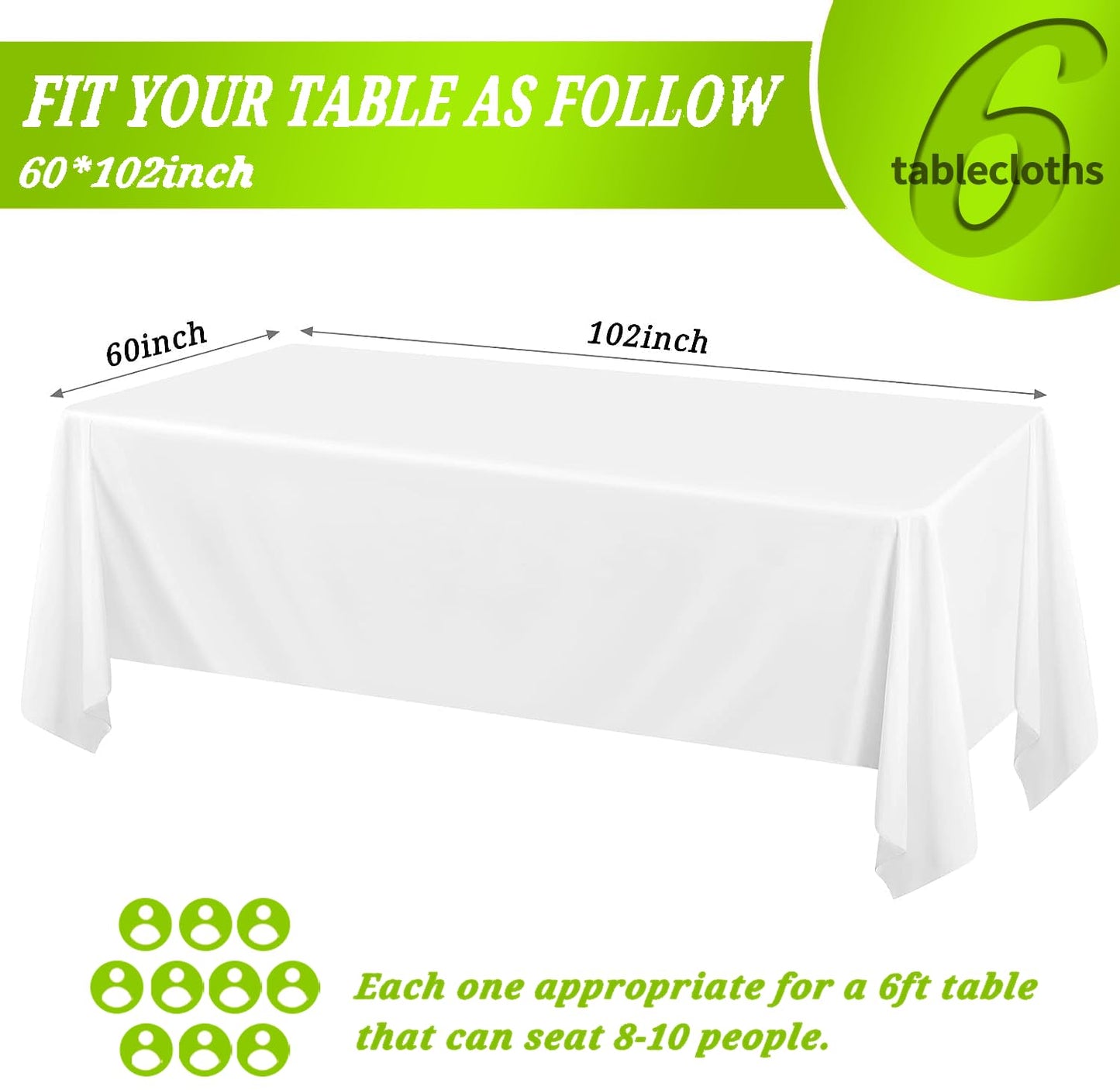 DEYIXUN 6 Pack White Table Cloth Rectangle, 60 x 102 Inch Polyester 6 Foot Tablecloths, Wrinkle Resistant Washable Fabric Table Covers White Table Clothes for Wedding Parties Banquet Dining