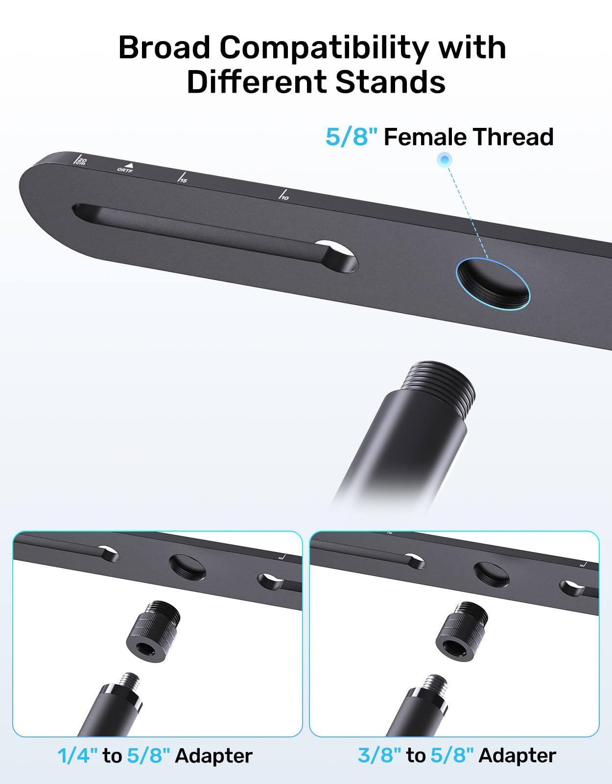 Etour Stereo Mic Bar for XY ORTF Recording, Stereo Array Spacing Dual Microphone Mount Bracket with Ruled Markings - 2 Mics Holder, Fits 3/8", 5/8" & 1/4" Thread Mic Stand with Included Adapter
