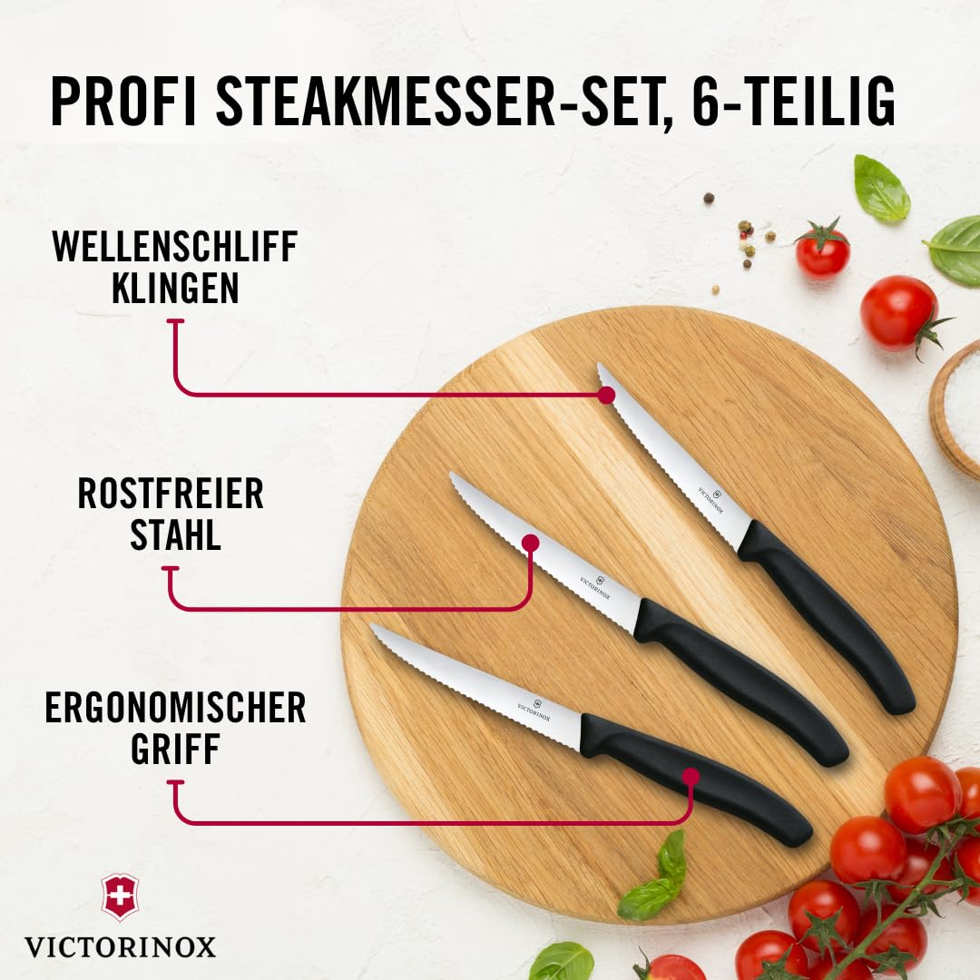 Victorinox Swiss Classic Steak Knife Set Ideal for Slicing a Wide Variety of Steak Cuts Serrated Blade in Black, Set of 6