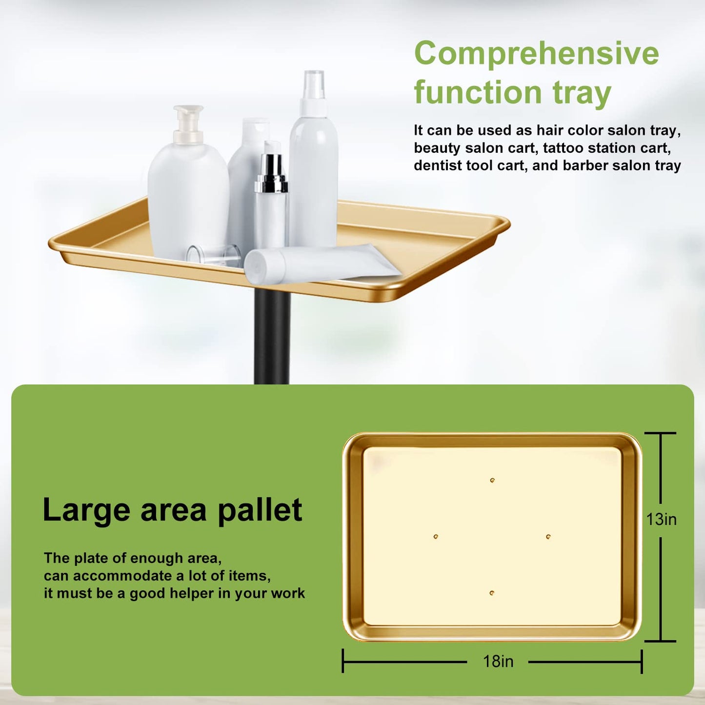 Chetunju Golden Salon Tray Premium Aluminum Rolling Tray Adjustable Height Use for The Tattoo Tray Hairstylist Tray with Wheels(Golden)