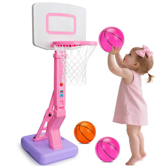 Basketball Hoop Indoor for Toddler, Adjustable Portable Basketball Hoop Set, Poolside Outdoor Backyard Outside Basketball Game Toy for Kids Age 3 4 5 6 7 8 (Pink Hoop)