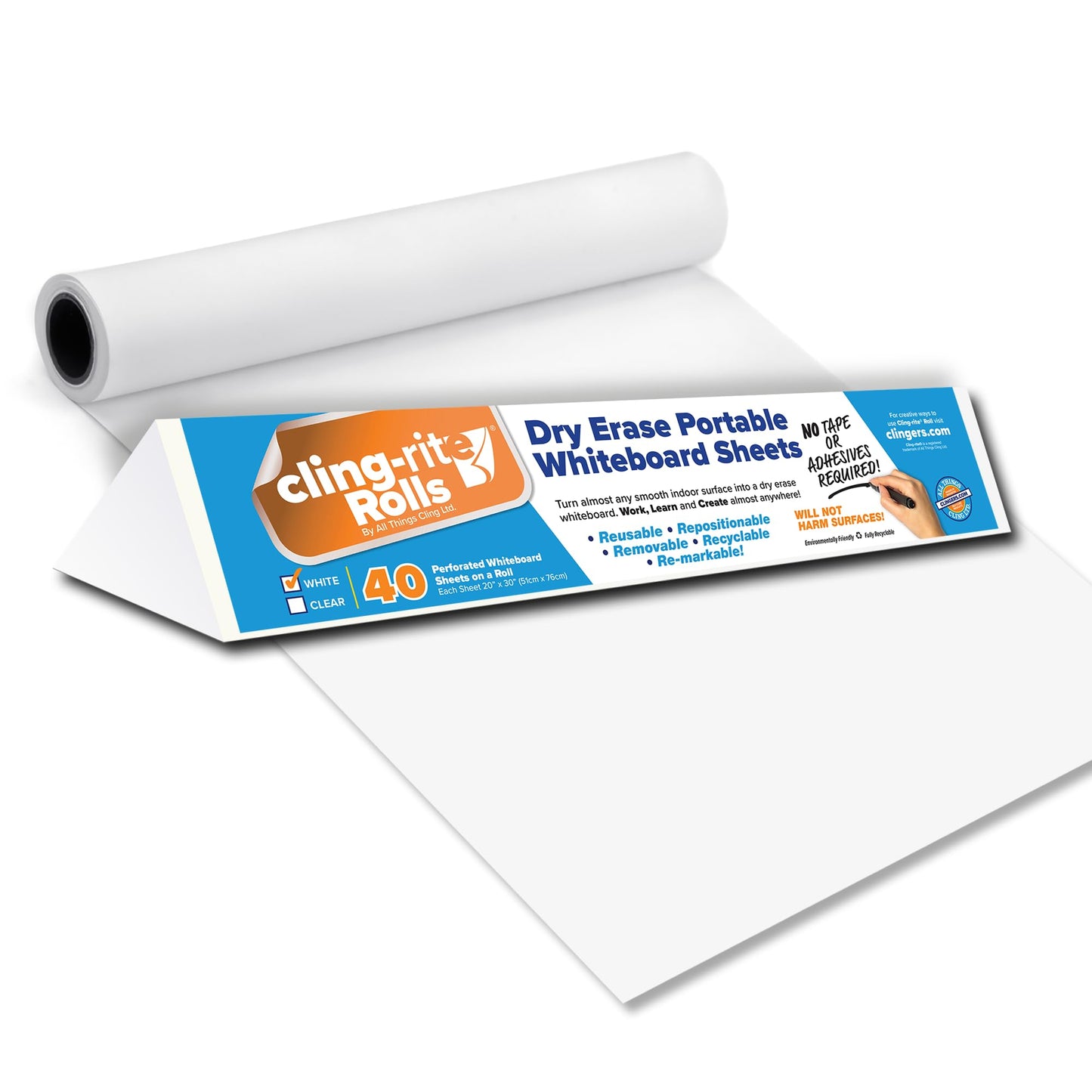 Clingers Instant Whiteboards - Repositional Dry Erase Sheets, 40 Whiteboards per Roll, 20x30 Inch, Removable & Recyclable Cling-rite Rolls for School, Office Decor, and Art Projects