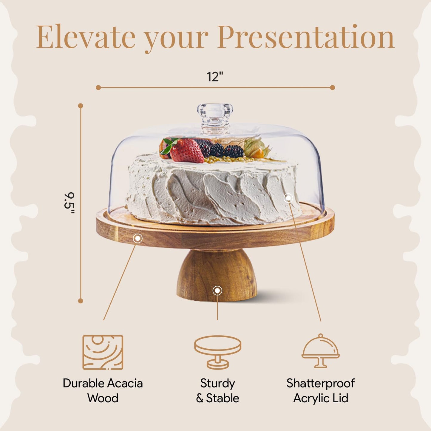 Homesphere Acacia Wood Cake Stand with Lid - Cake Stand with Dome,12in Round Cake Holder, 2-in-1 Dessert Table Display Set & Charcuterie Board for Cheese, Chips & Dips, Fruit Platter, Large Acrylic