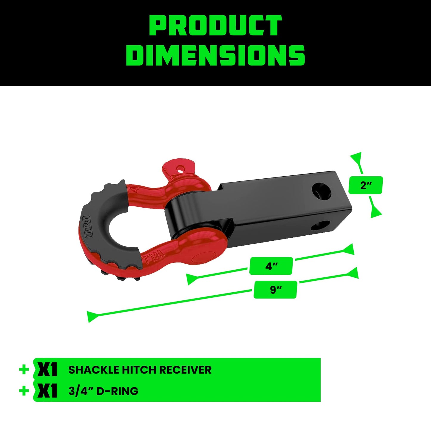 Rhino USA Shackle Hitch Receiver (Fits 2" Receivers) Best Towing Accessories for Trucks, Jeep, Toyota & More - Connect Your Rhino Tow Strap for Vehicle Recovery, Mounts to 2" Receiver Hitches (Red)