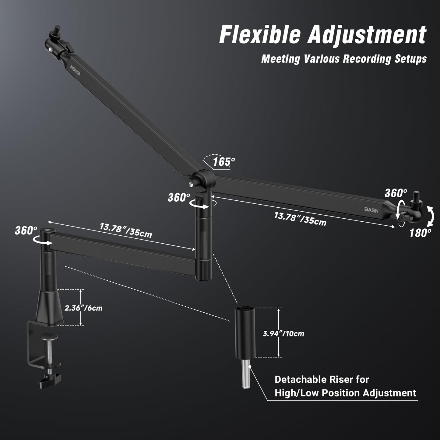 BASN Low Profile Mic Arm, Microphone Boom Arm Stand with Desk Clamp - Rotatable & Storable Design, Cable Management Channel, 3/8" to 5/8" Thread Adapter for Podcast, Gaming, Streaming, Vocal Recording