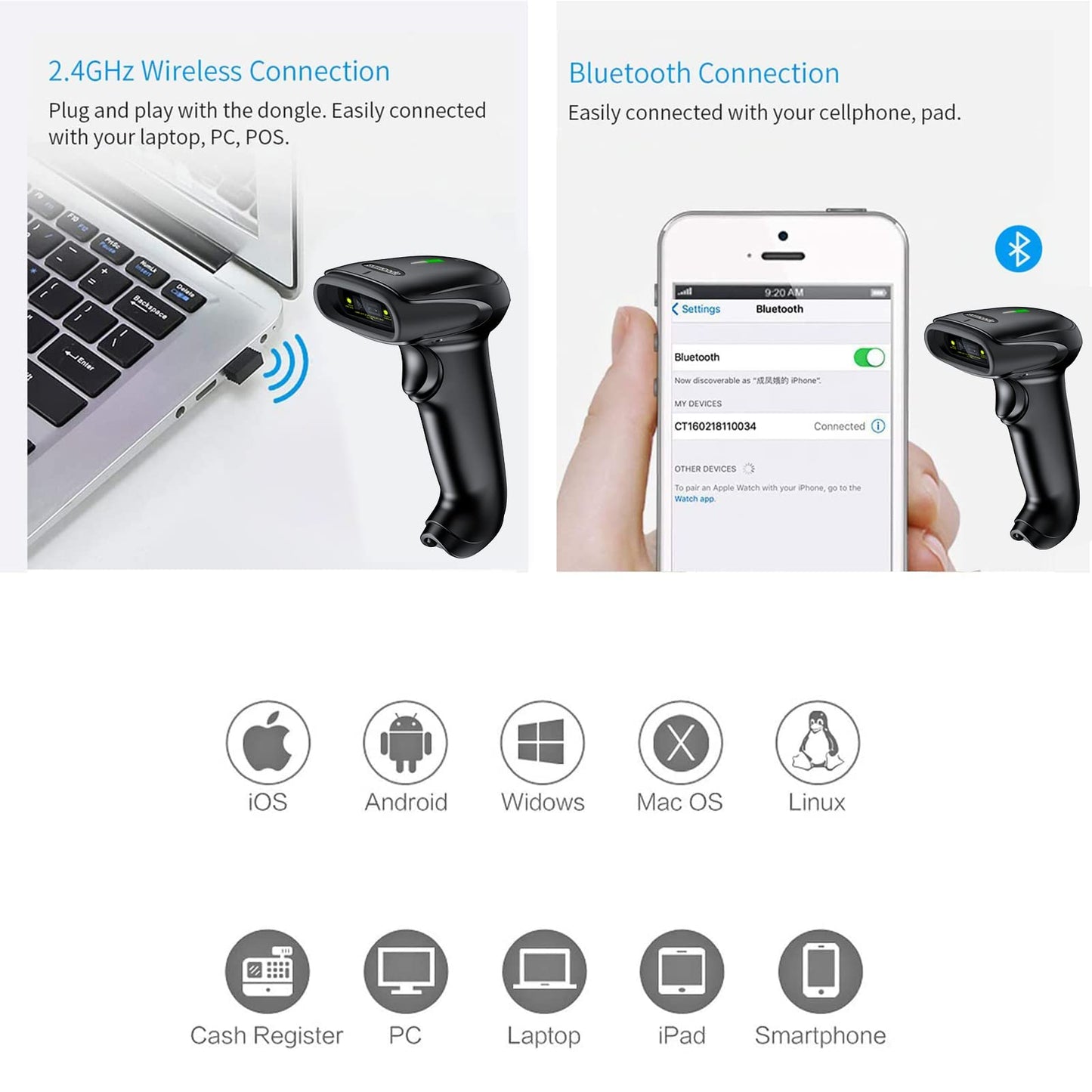 Symcode Bluetooth Barcode Scanner Handheld USB CCD Cordless Barcode Reader Scanner Compatible with 2.4G Wireless & Bluetooth Function & Wired Connection with Windows, Mac,Android, iOS