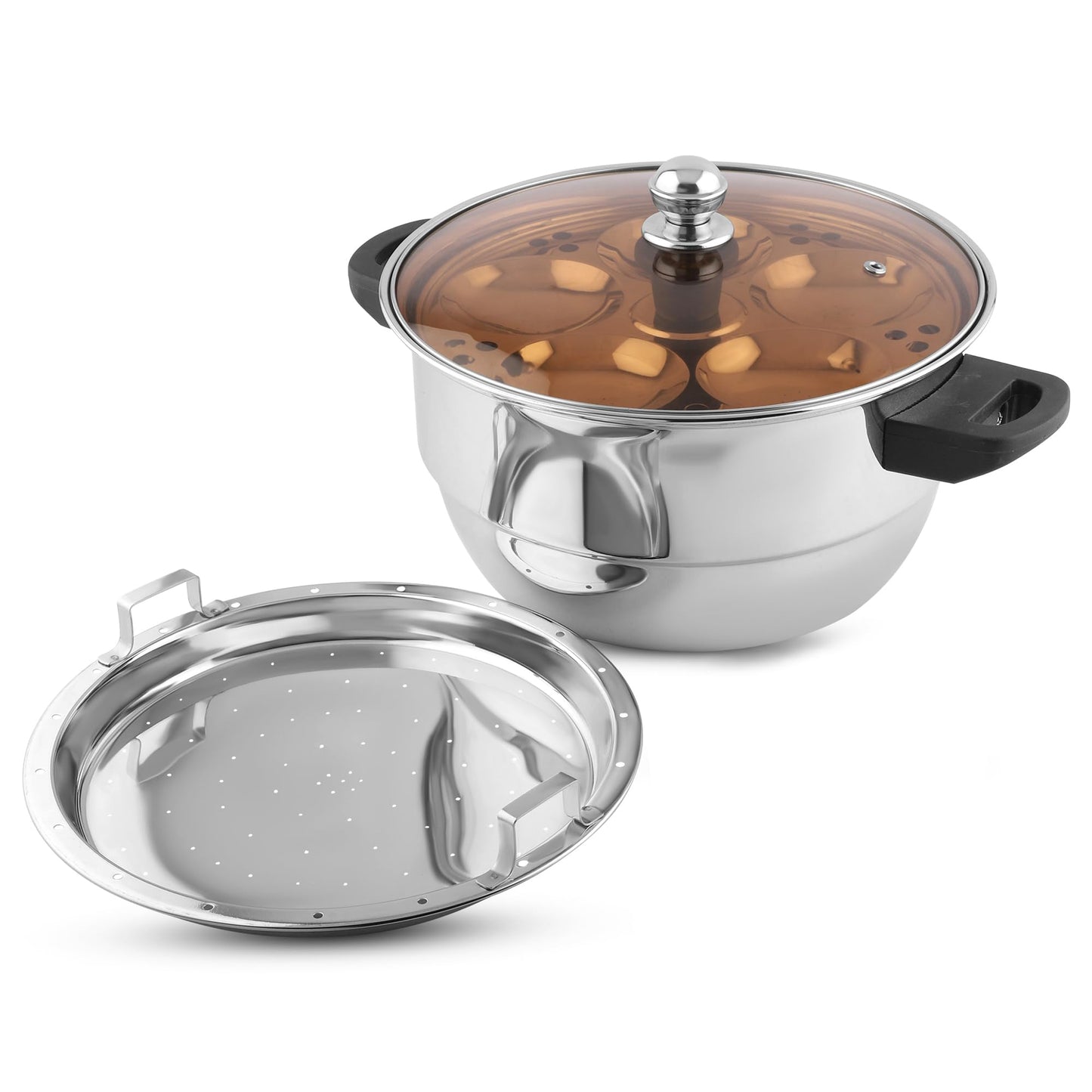 KSJONE See Through lid 5 Pcs Stainless Steel Induction Friendly Idli Cooker Multi Kadai for Indian Cooking with 3 idli Plates (15 Idlis), 1 Patra Plate and 1 Idli Spoon, Silver