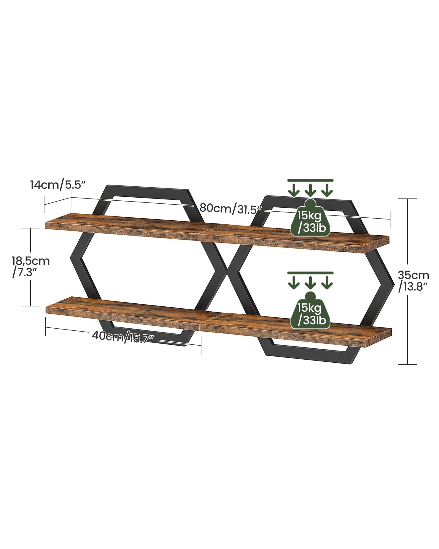 CHOEZON Hexagon Floating Shelves for Wall, Set of 2, 2 -Tier Hanging Shelves, Wall Mounted Storage Shelves, for Living Room, Bedroom, Kitchen, Home Office, Study, Rustic Brown and Black TBJ06P2BF