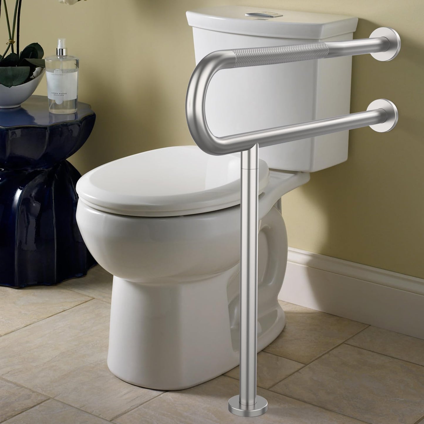 Toilet Grab Bar 31.3 Inch, Munzong Wall to Floor Brushed Nickel Bathroom Safety Bar w/Anti-Slip Knurled Grip, Stainless Steel Handicap Grab Bar with Leg,Support Bar for Disabled Elderly Pregnant