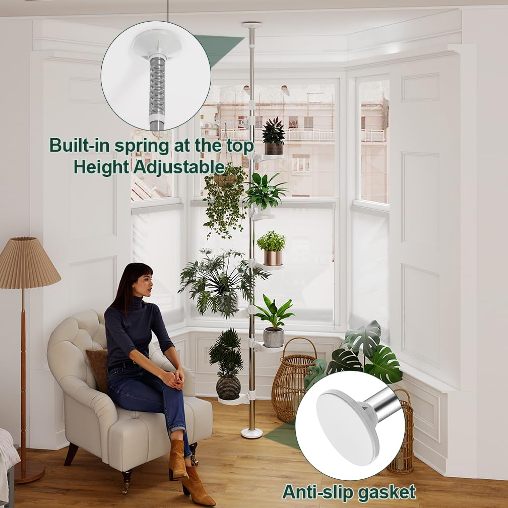 Hershii 7-Layer Tension Pole Plant Stand Indoor Decorative Metal Flower Pot Holder Display Rack Floor to Ceiling Adjustable Hanging Corner Shelf Space Saver - Ivory