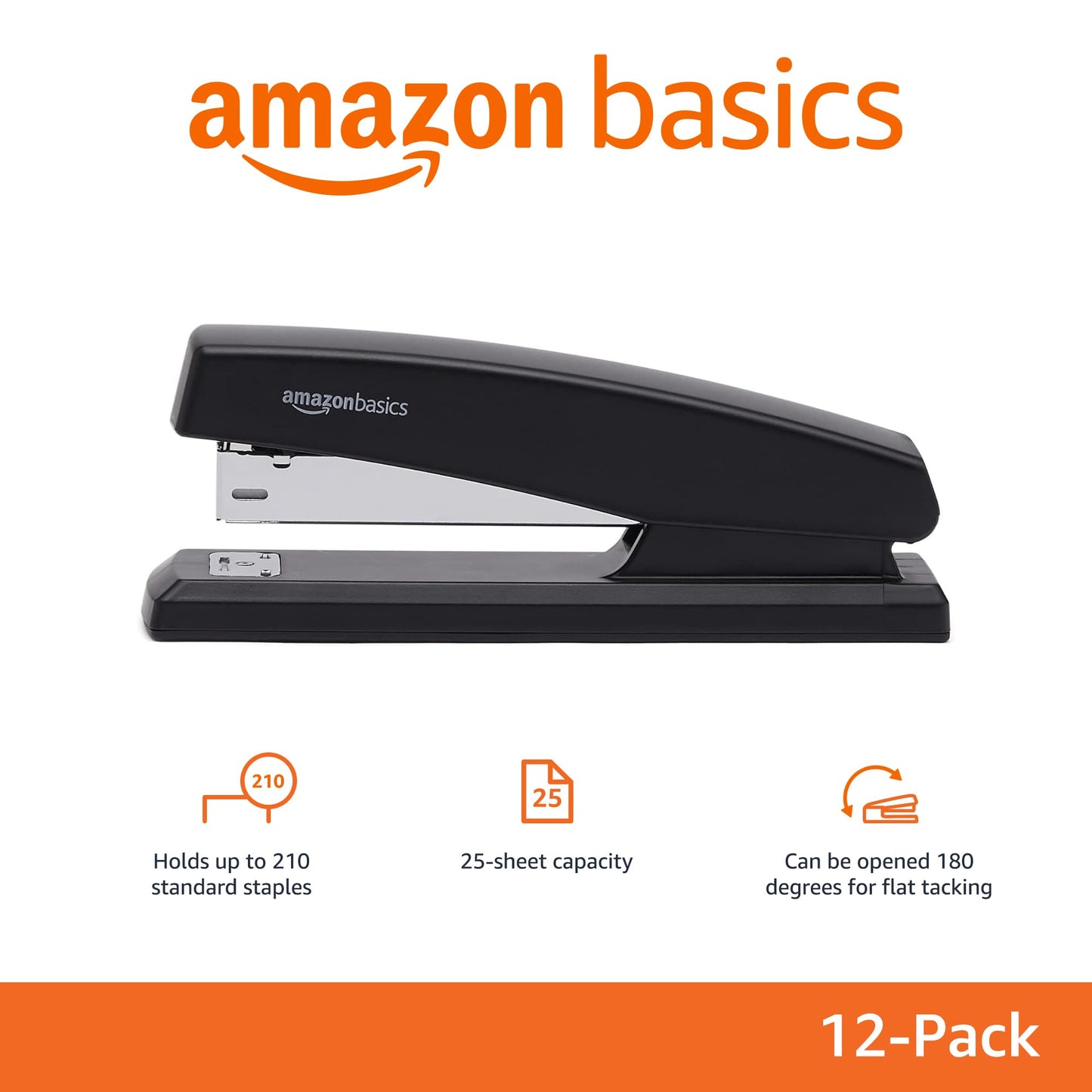 Amazon Basics 25-Sheet Capacity, Non-Slip, Office Desk Stapler with 1000 Staples, Black - Pack of 12
