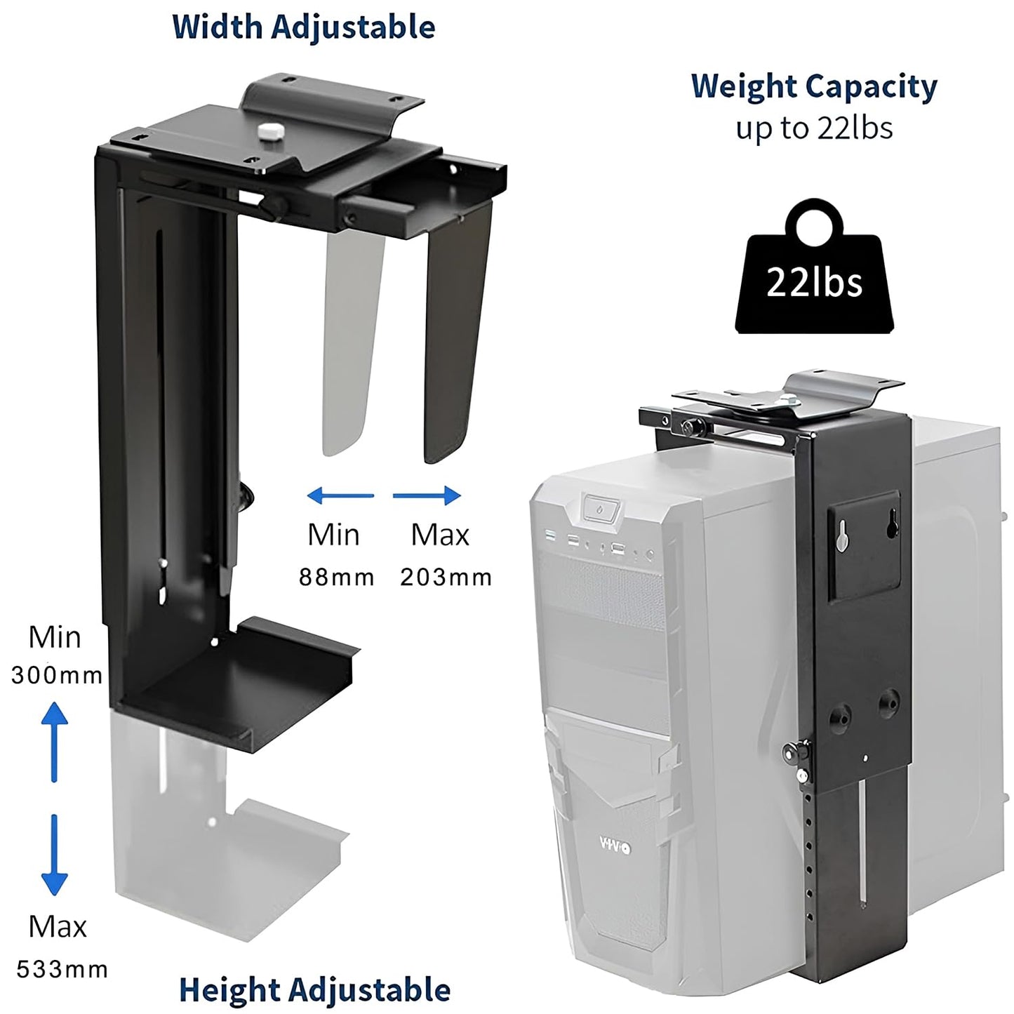 PrimeCables Under Desk Computer Mount, Most CPU Wall/Under Desk PC Tower Mount Heavy Duty Steel Computer Tower Stand, Secure Fit, 360° Swivel (Adjustable for 3.46-7.99" Width, 1.81-20.94" Height)