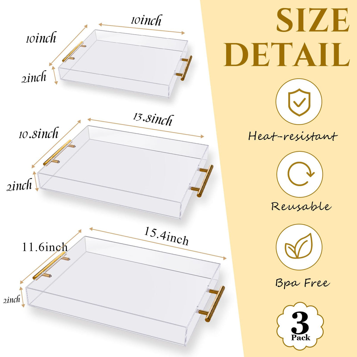 Vevitts 3 Pack Clear Sturdy Acrylic Serving Tray with Handles Decorative Trays Countertop Organizer for Coffee Table Nightstand, Sidetable, Breakfast, Tea, Food(15.4*11.6*2 13.8*10.8*2 10*10*2 inch)