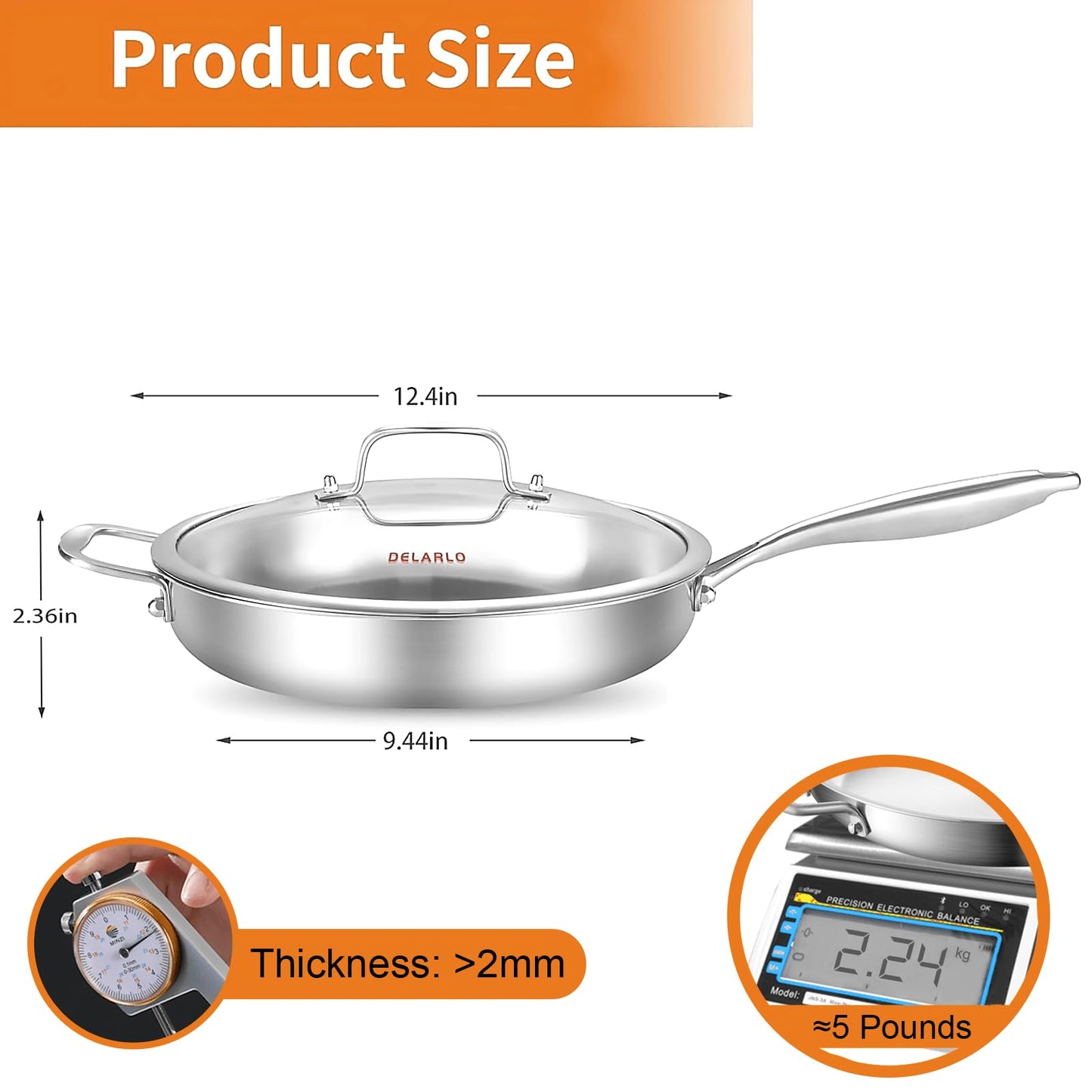 DELARLO Tri-Ply Stainless Steel Pan with Lid 12inch丨Compatible with All Cooktops Up to 600℉丨Stainless Steel Skillet 12 inch丨Heavy Duty丨Frying Pan with Lid丨18/10 Large Cooking Surface丨Omelette Pan