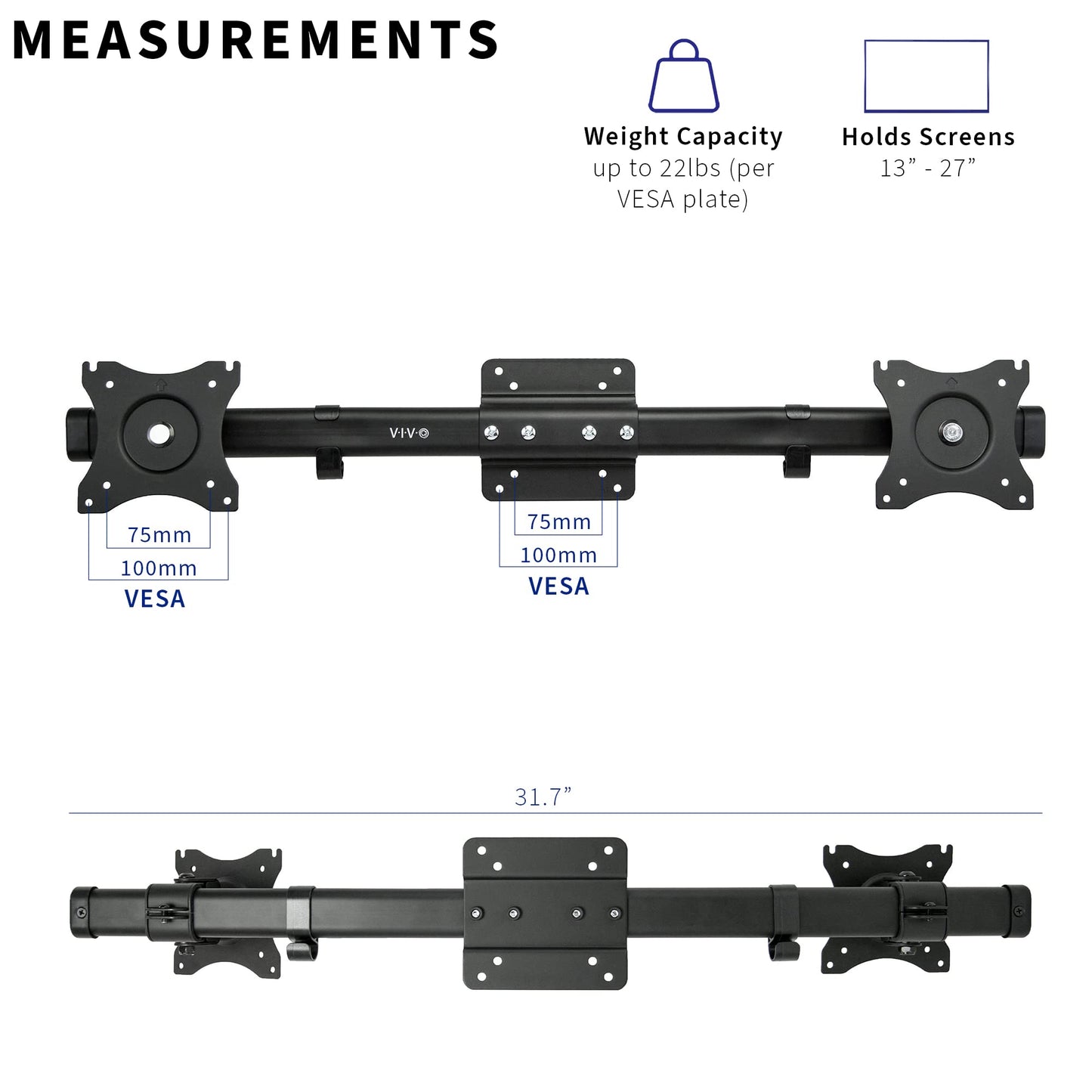 Dual VESA Bracket Adapter Horizontal Assembly Mount, 2 Monitor Screens up to 27"