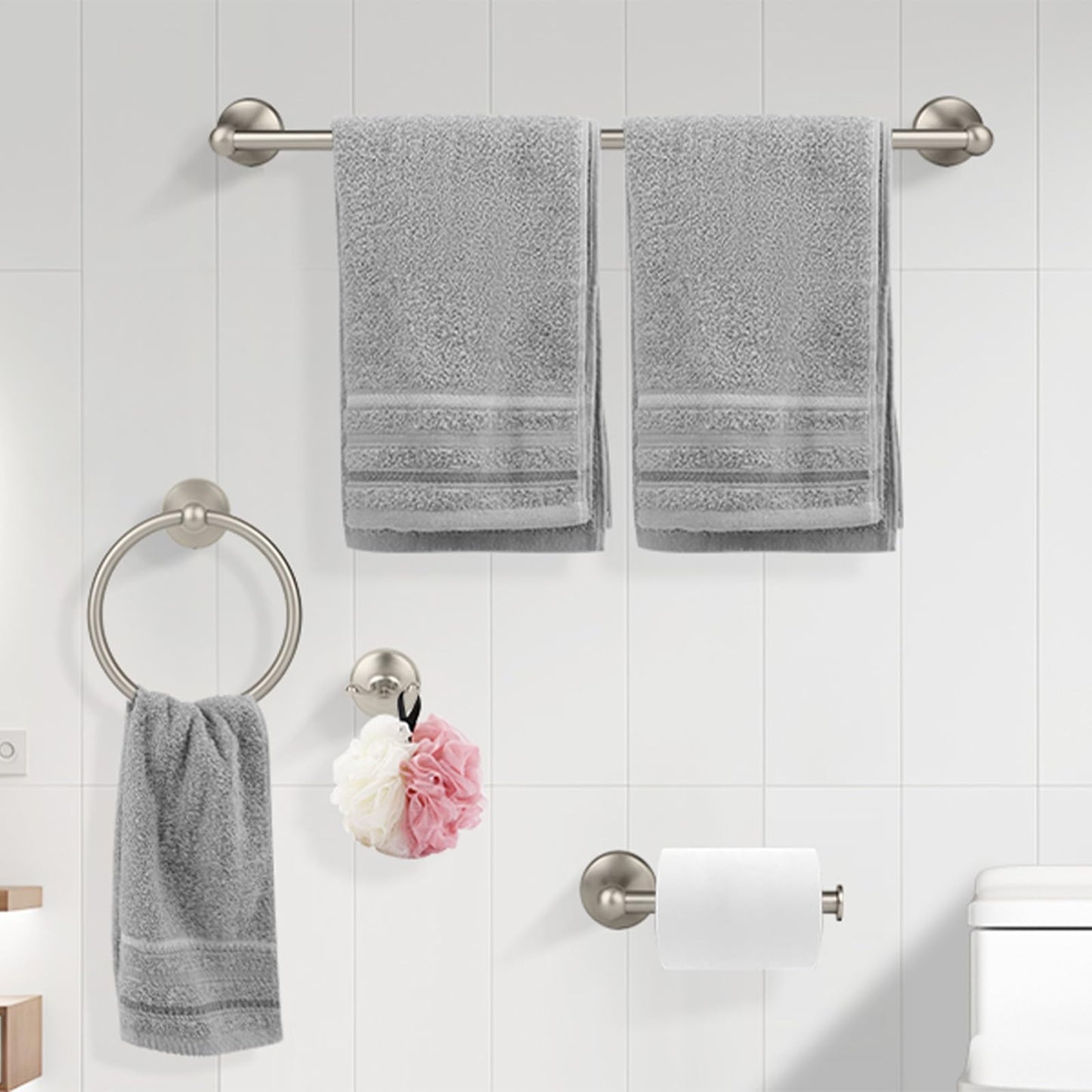 Ntipox 4-Piece Brushed Nickel Bathroom Hardware Accessories Set, 24 Inch Towel Bar Set,Toilet Paper Holder,Towel Rack, Bathroom Towel Holder