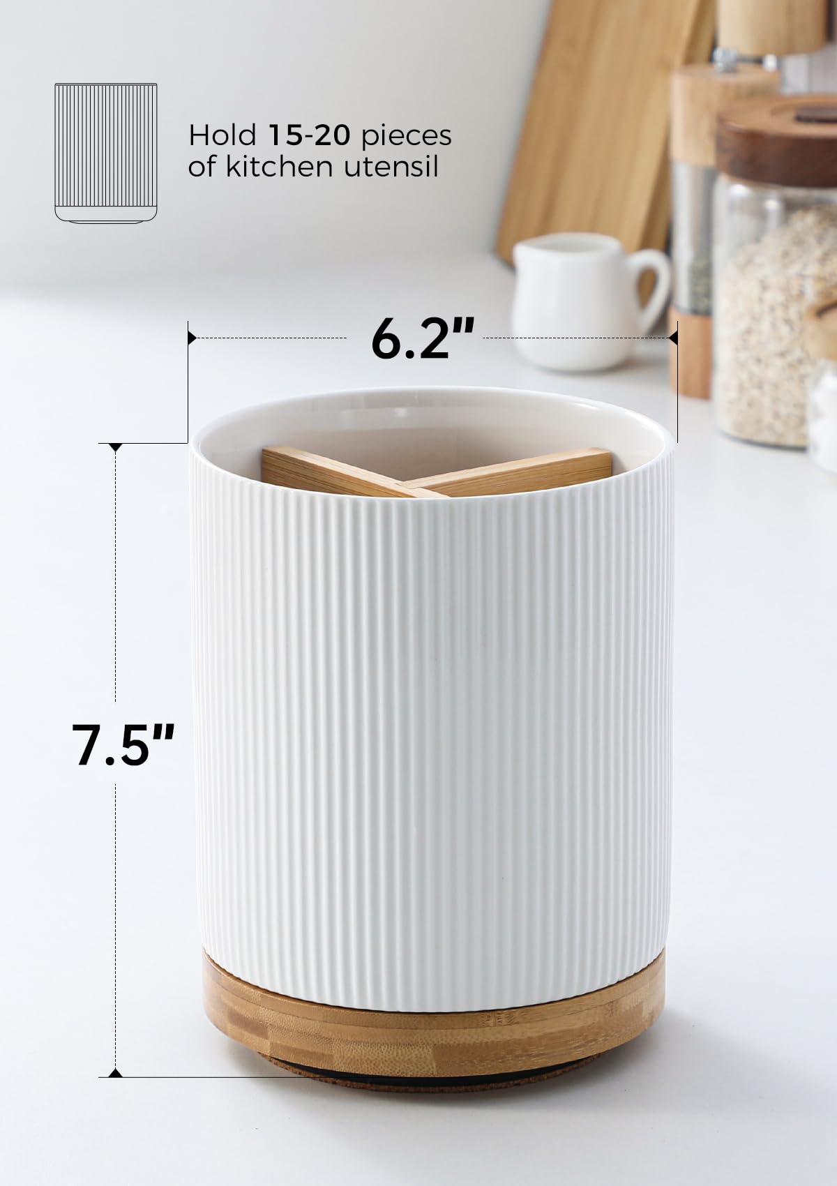 LoeJan 3 Compartment Utensil Holder, 7.2" Extra Large Utensil Crock, Stable Ceramic Utensil Organizer, Cooking Tool Organizer Set for Kitchen Counter Farmhouse Décor