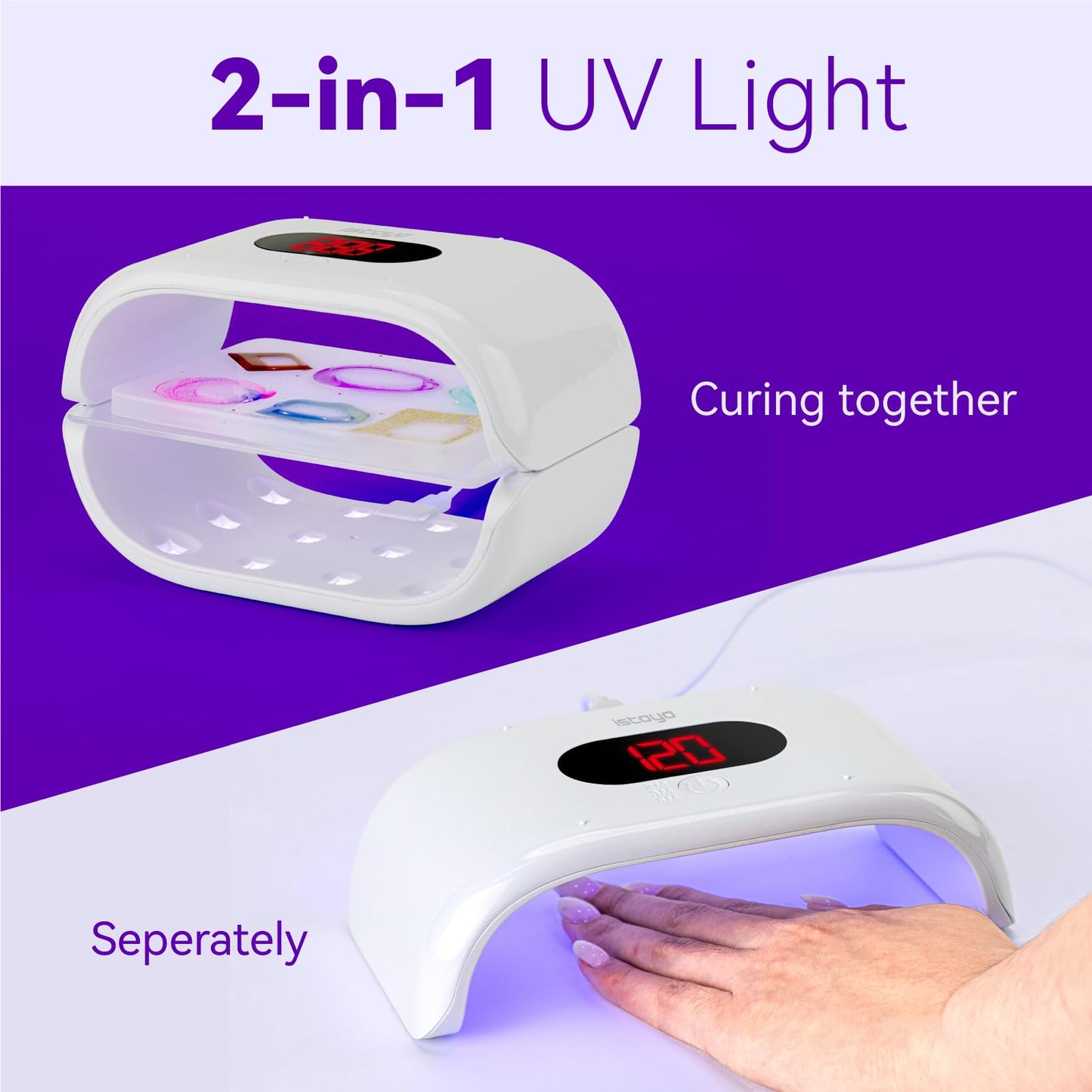 ISTOYO Double Sided UV Resin Lamp, 24 Beads Gel Nail Lamp, 2IN1 LED Nail Light for Hands and Feet, Long Time Setting (2, 3 and 5 Minutes), UV Light for Resin Curing, Jewelry Making and DIY Crafts