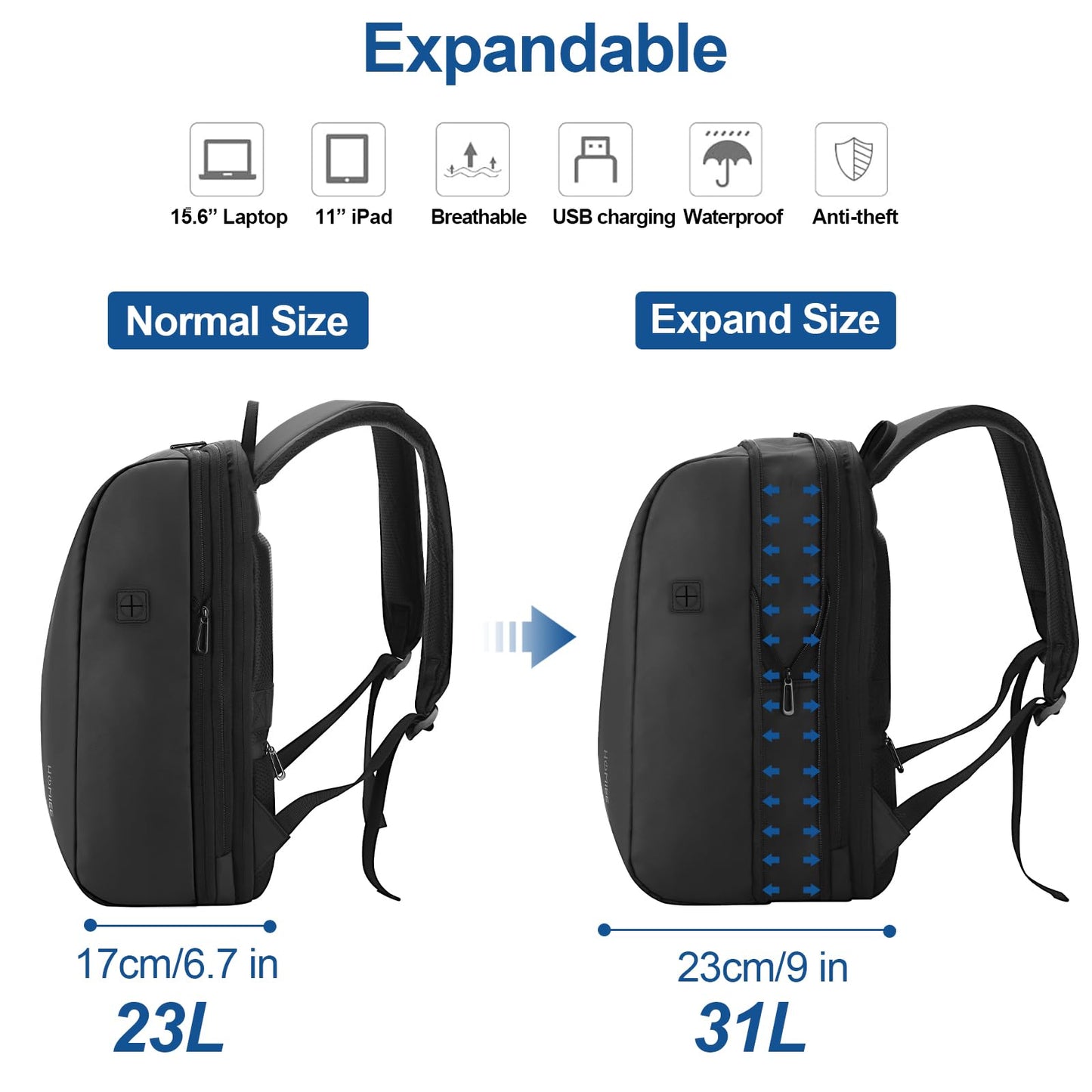 HOMIEE Anti Theft Laptop Backpack for Men, Business Travel Backpack with USB Charging Port, Waterproof Work Bag Fits 15.6 Inch Notebook, Expandable College School Daypack Bookbag