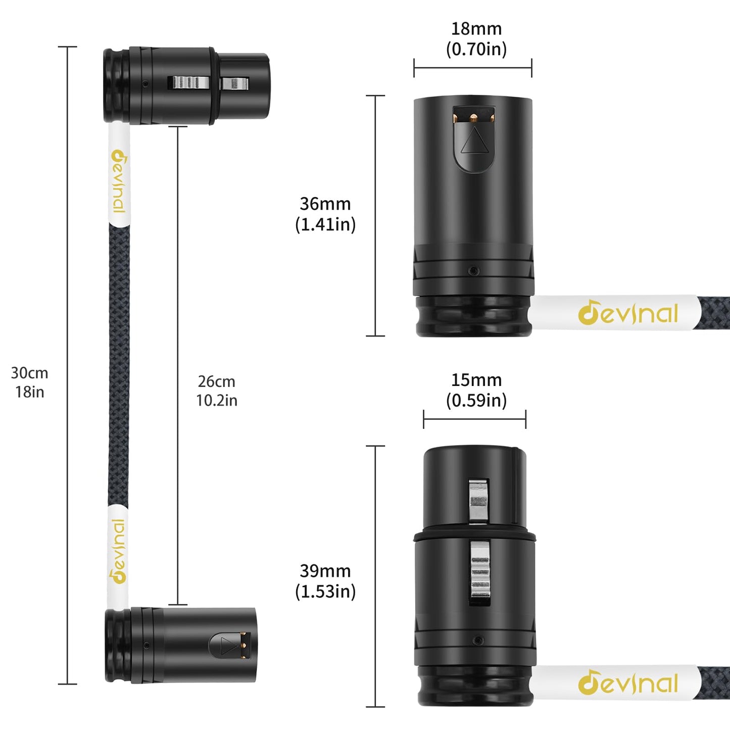 Devinal Rotatable Right-Angle XLR Cable, Adjustable-Angle Low-Profile XLR Microphone Adapter Connector, Right-Angle Mic Cord on Both Ends (Male and Female) 0.8 FT 2 pcs