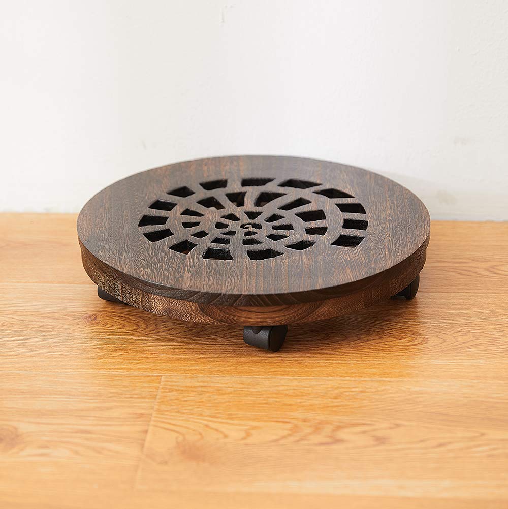 SINOBEST Wood Plant Caddy, Heavy Duty Rolling Planter Dolly With Rotating Casters, Movable Flower Pot Stand, Round Plant Rack With Lockable Wheels,Heavy Objects Hauling (13 Inch)