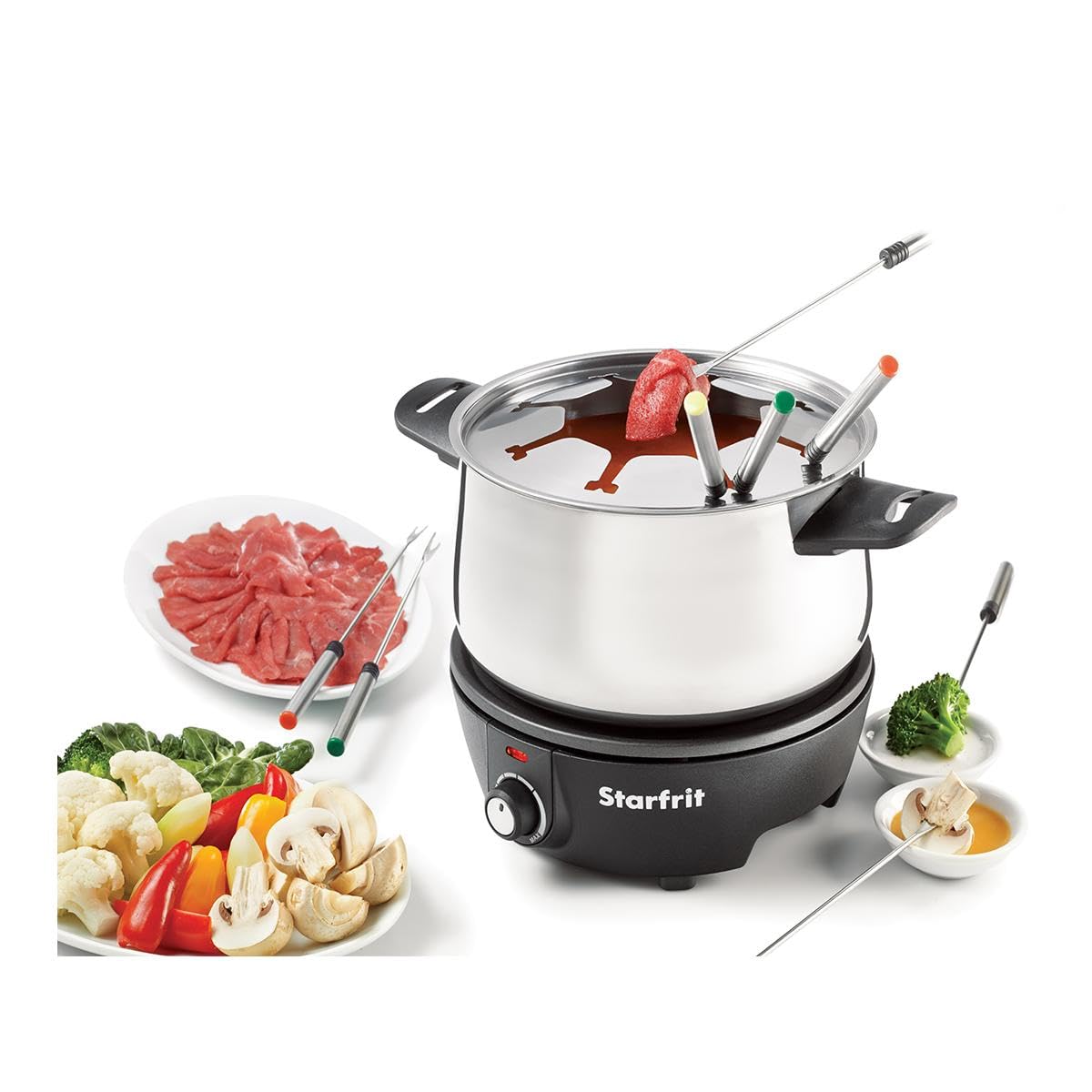 Starfrit Electric Fondue Set, 12-piece, 3L Capacity, Quick Release Magnetic Cord, Stainless Steel Pot, 8 Forks Included, Cool-Touch Handles, 1500W, Ideal for Chinese, Cheese & Chocolate Fondue