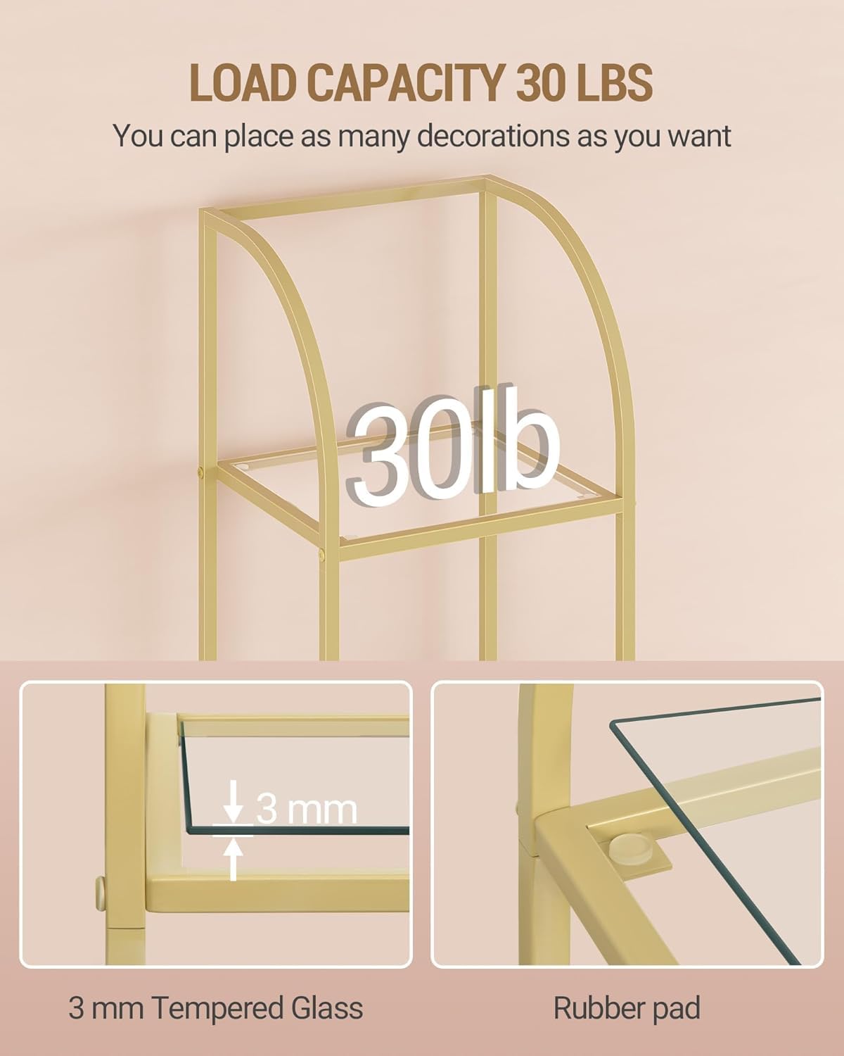 Hzuaneri Bookcase Bookshelf, Tempered Glass Arched Bookshelf for More Storage, Slim Shelving Unit for Bedroom, Bathroom, Home Office, Steel Frame, 6 Tier Gold BC20699G