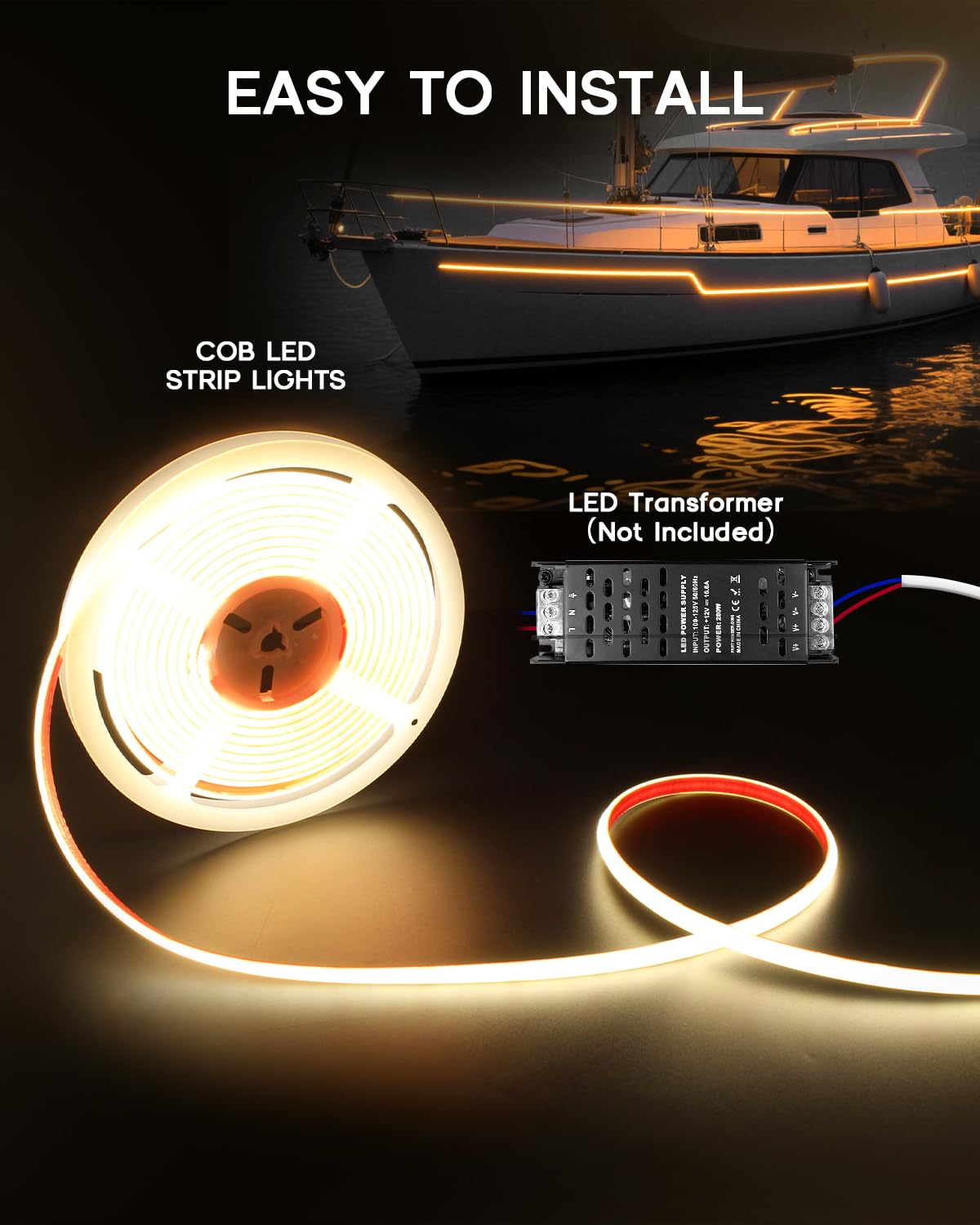 COB LED Strip Lights Warm White 3000K,12V 32.8ft IP67 Waterproof High CRI 95Ra+ Super Bright,Flexible Boat Lights for Fishing Night Outdoor Bathroom Swimming Pool(Power Supply Not Included)