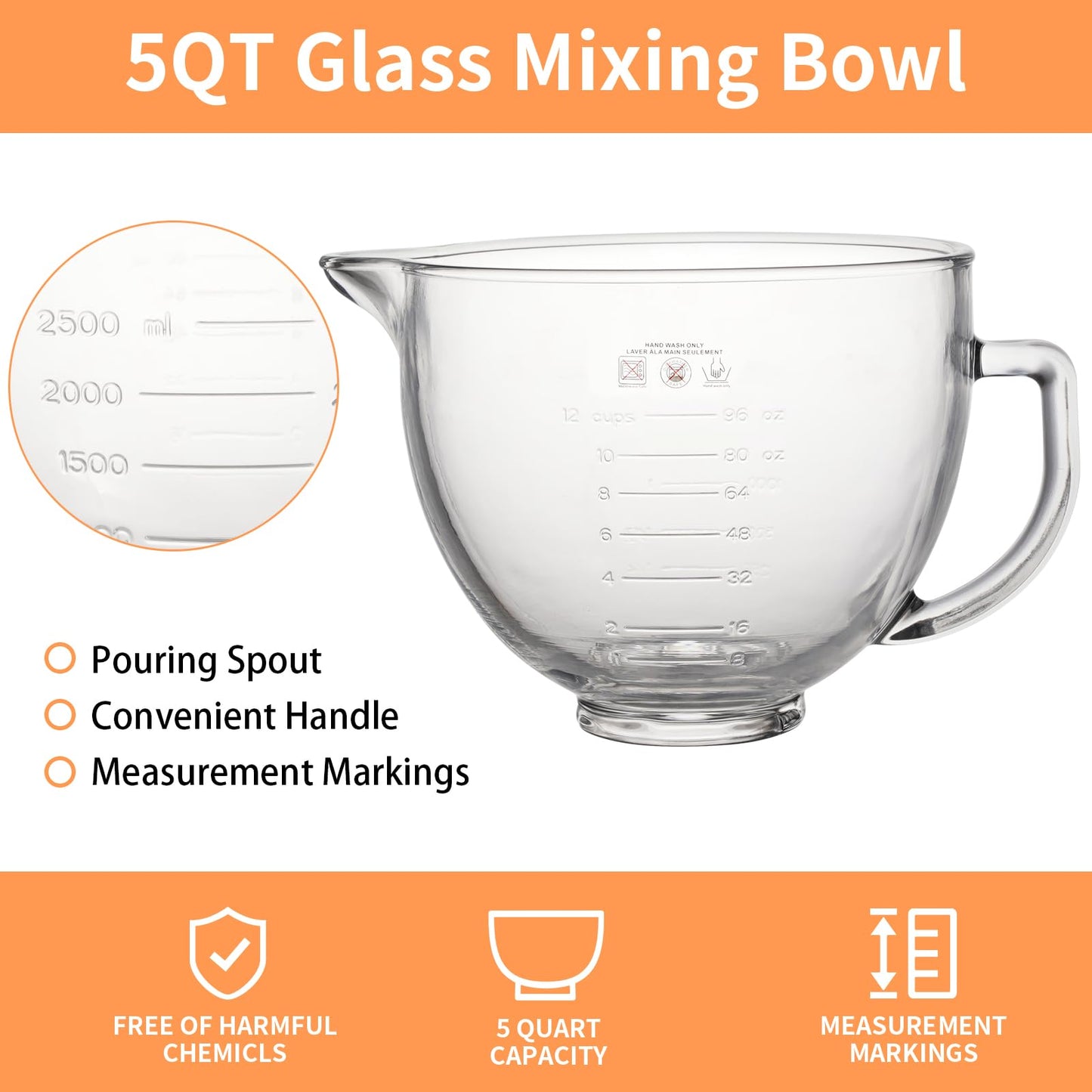 5QT Glass Bowl Compatible with KitchenAid 4.5 and 5-Quart Tilt Stand Mixers,Glass Mixing Bowl with Lid, Measurement Markers and Handle