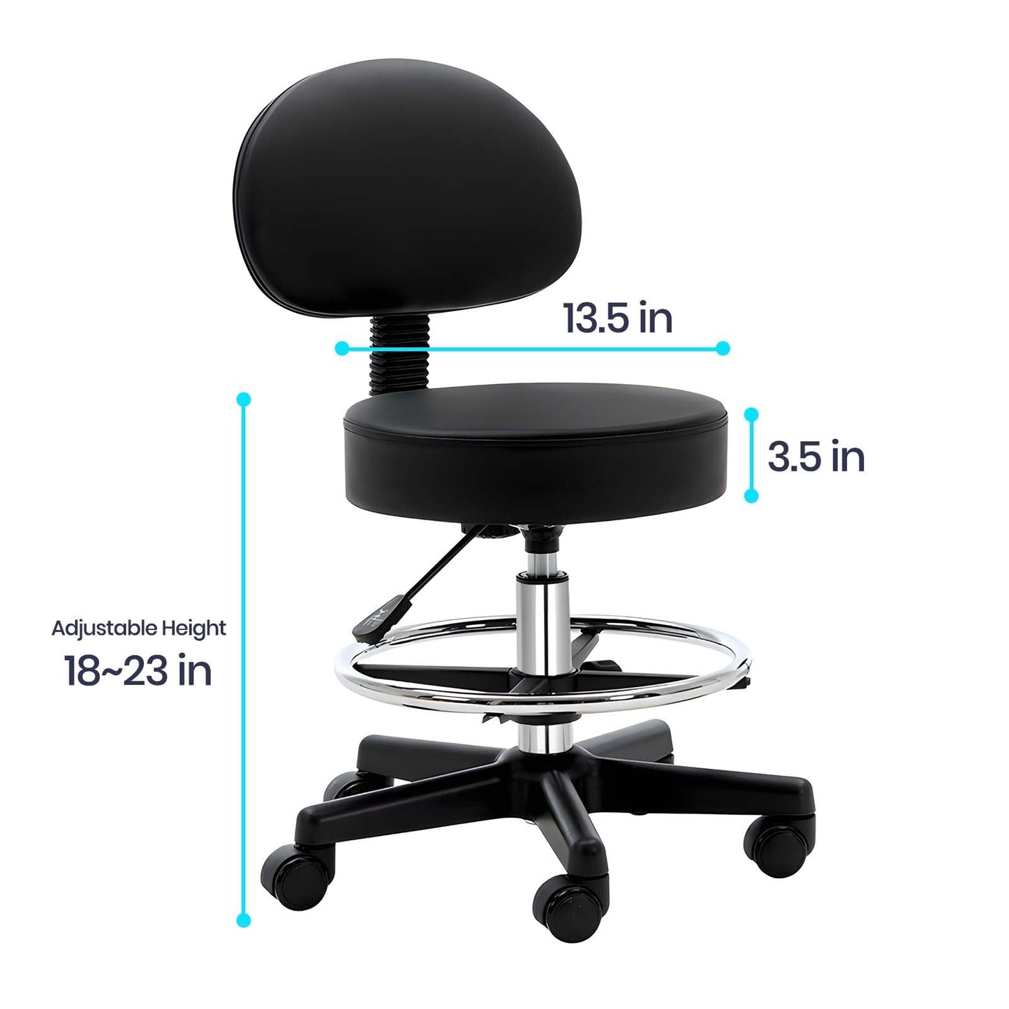 GEN'C BÉAUTY Swivel Rolling Stool with Backrest and Footrest — Height Adjustable Drafting Chair with Wheels for Office, Spa, Salon, Studio, Lab (Black)