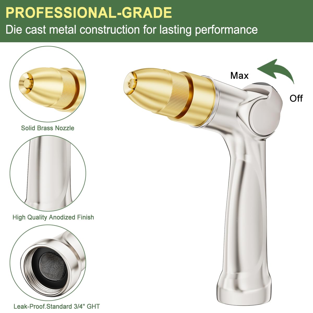 FANHAO Professional Heavy Duty Garden Hose Nozzle, 100% Metal Thumb Control Water Nozzle with Brass Tip, High Pressure Adjustable Water Hose Sprayer for Lawn & Plant Watering, Car & Pet Washing