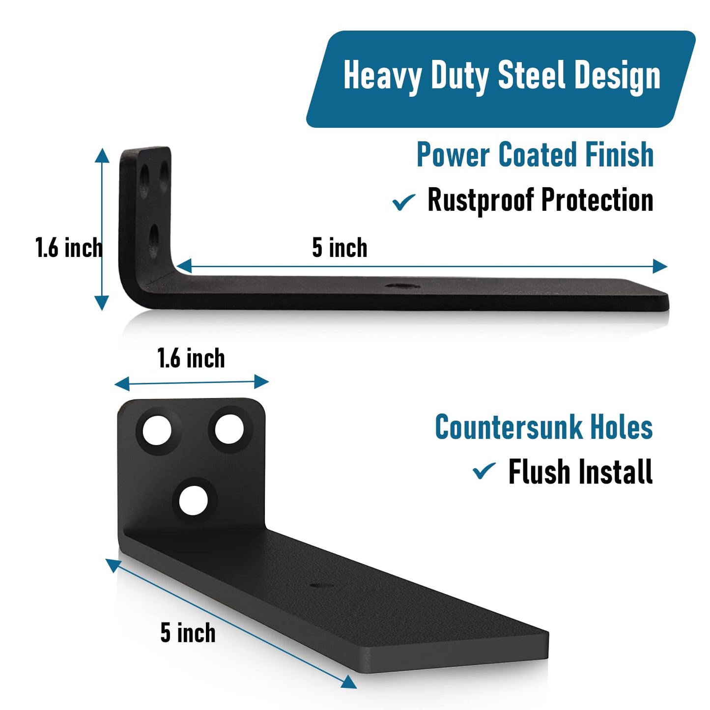 Floating Shelf Brackets 5 Inch, Heavy Duty L Bracket Corner Brace Support- Holds 150+lb, Wall Mounted Industrial Metal Brackets for Shelves | Screws and Wall Plugs Included (6 PCS)