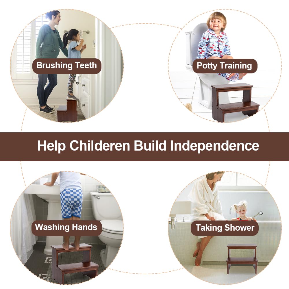 StrongTek Bamboo Two Step Stool for Adults and Kids, Bed Stepstool with Anti-Slip Bottom, Heavy Duty for Kitchen, Bathroom, Bedside Step Stool, Wooden Step Stairs 350 lbs Capacity (Dark Chocolate)