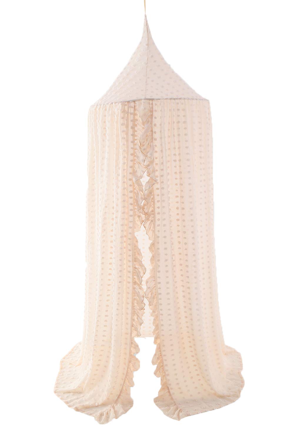 Wonder Space Elegant Kids Bed Canopy - Lace Chiffon Netting with Pom Pom, Princess Girls Fairy Dream Tent, Nursery Room Baby Crib Hanging Mosquito Net Children Reading Nook Decoration, Beige