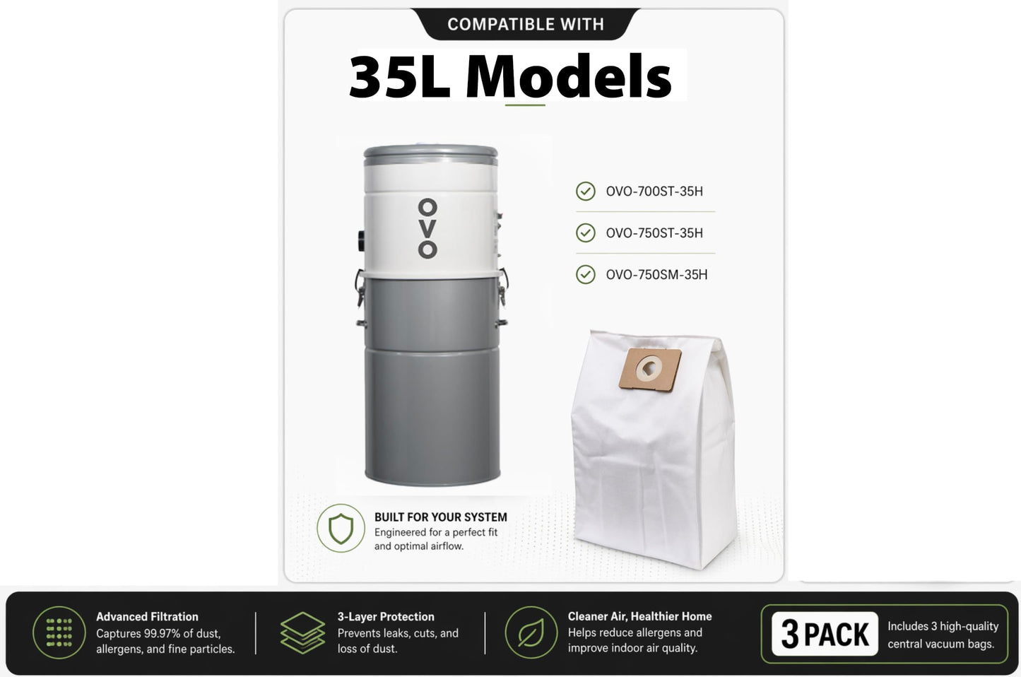 OVO Central Vacuum Triple Layer Disposable Filtration Bags, 22.5L/ 5.81 Gal. for OVO-700ST-35H, NADAIR-700/655/600-AL-32