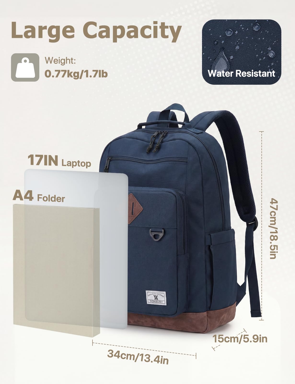 School Backpack for Men Women,VONXURY Classic 17inch Book Bag for Teens College Water-Resistant Lightweight Schoolbag for Work Travel
